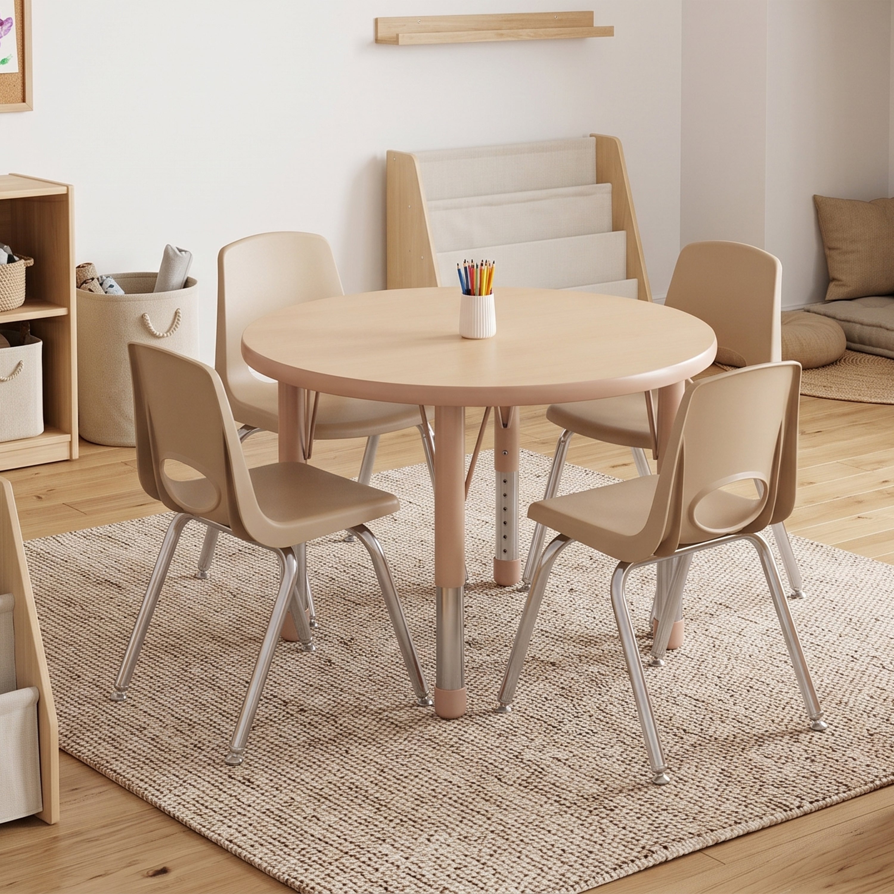 A round light wood children's table with four beige plastic chairs featuring metal legs, arranged on a woven rug in a bright, modern playroom.