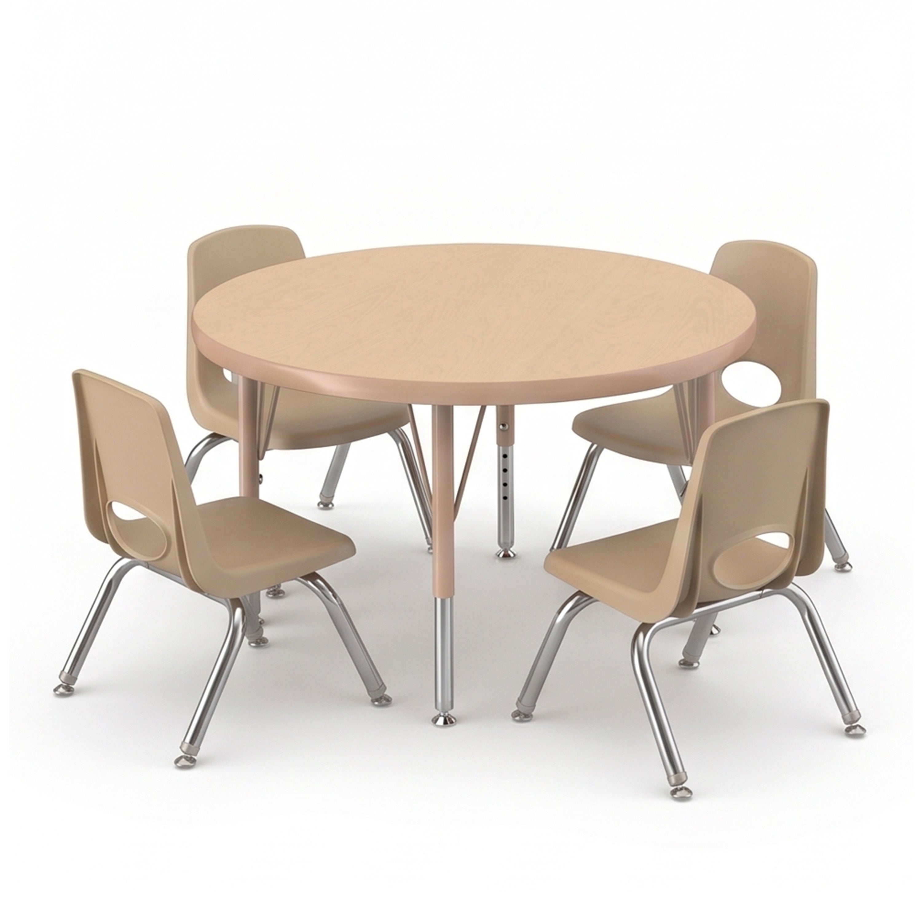 A round children's table set with a light beige wood-grain tabletop and four matching beige plastic chairs with silver metal legs, shown on a white background.