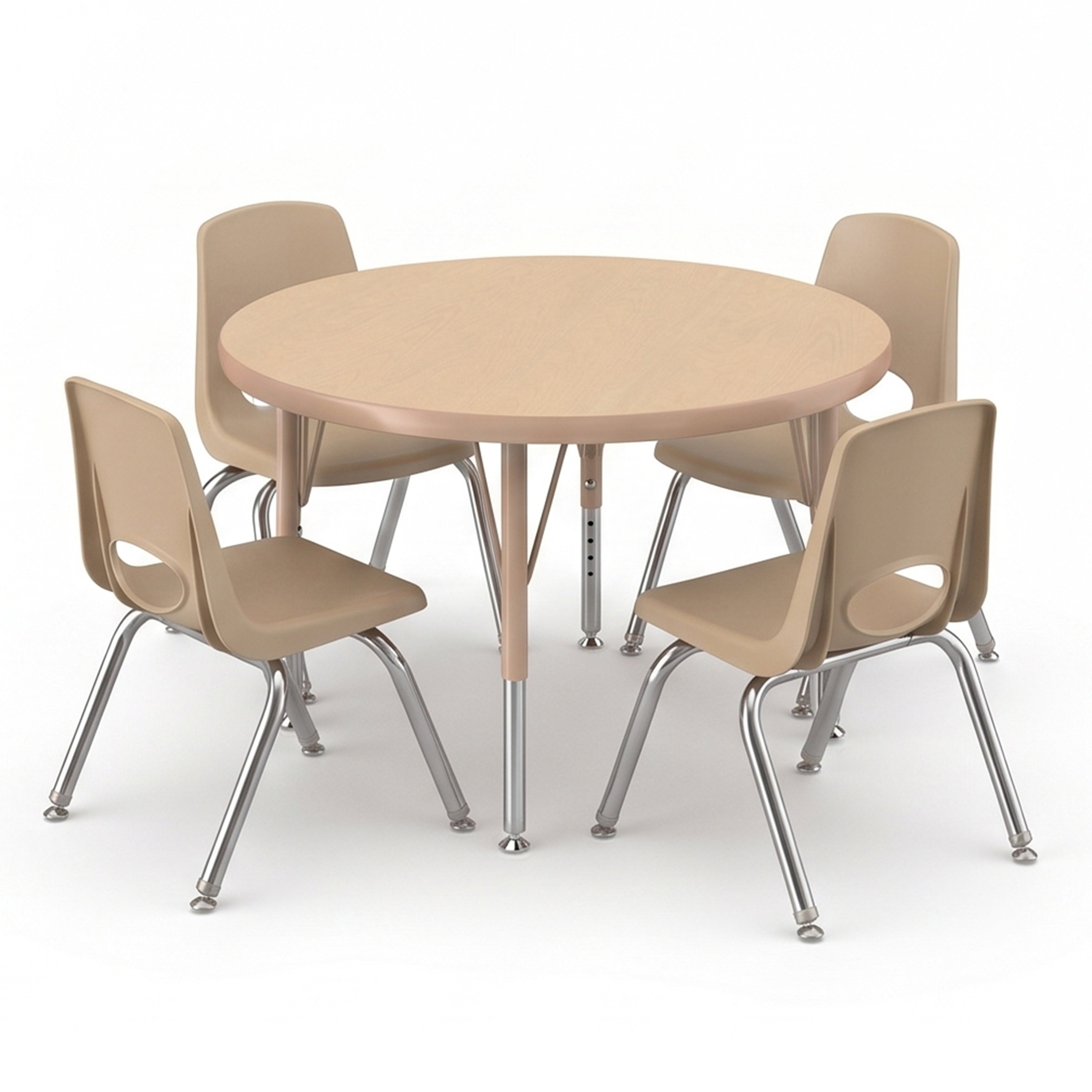 A round light wood table with four matching beige plastic chairs featuring silver metal legs, shown on a clean white background.