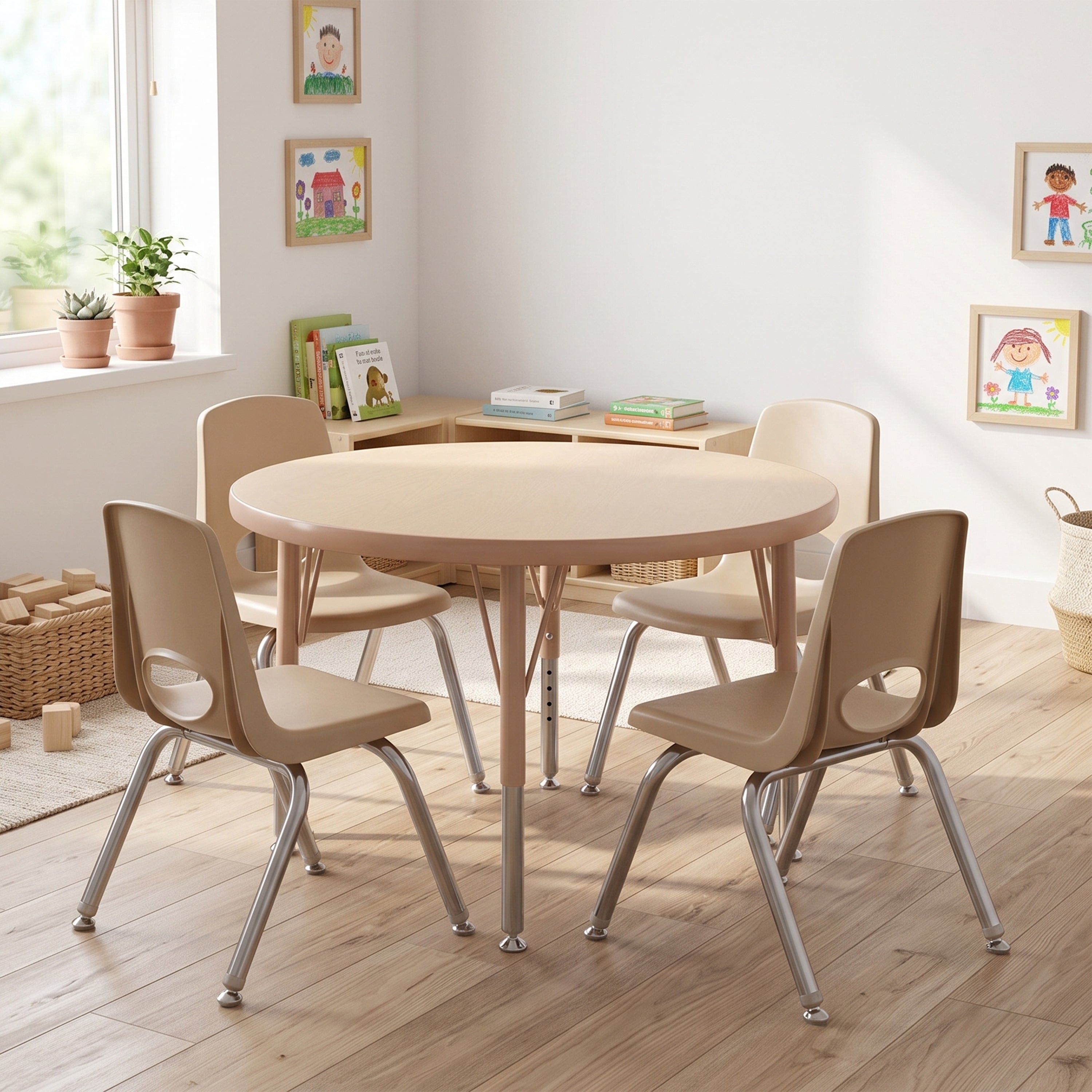 A children's round dining table with a light natural wood top and silver metal legs, surrounded by four matching plastic chairs with beige seats and backs and silver metal legs, set in a bright, modern classroom or playroom.