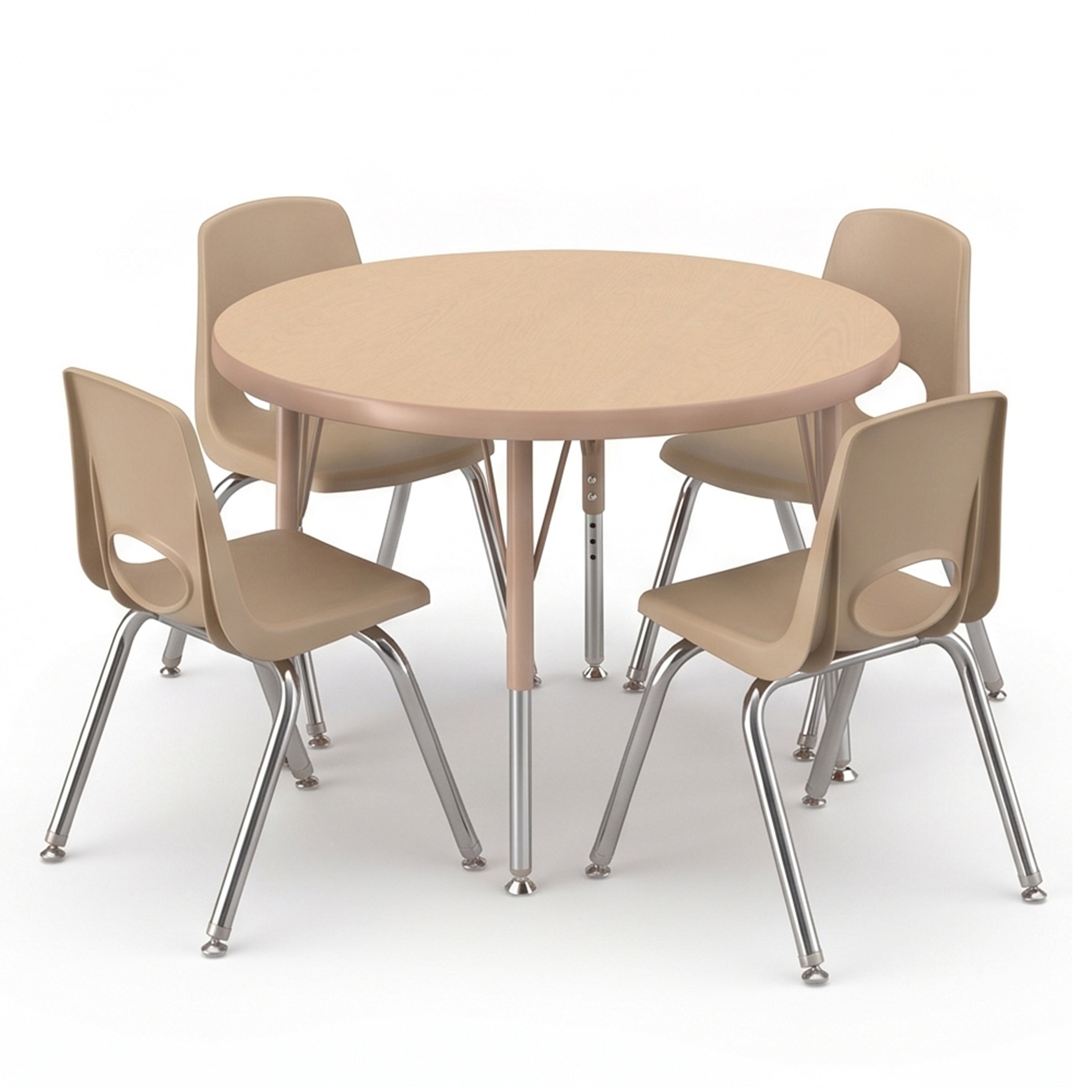 A round light beige table with four matching beige plastic chairs featuring silver metal legs, shown on a clean white background.