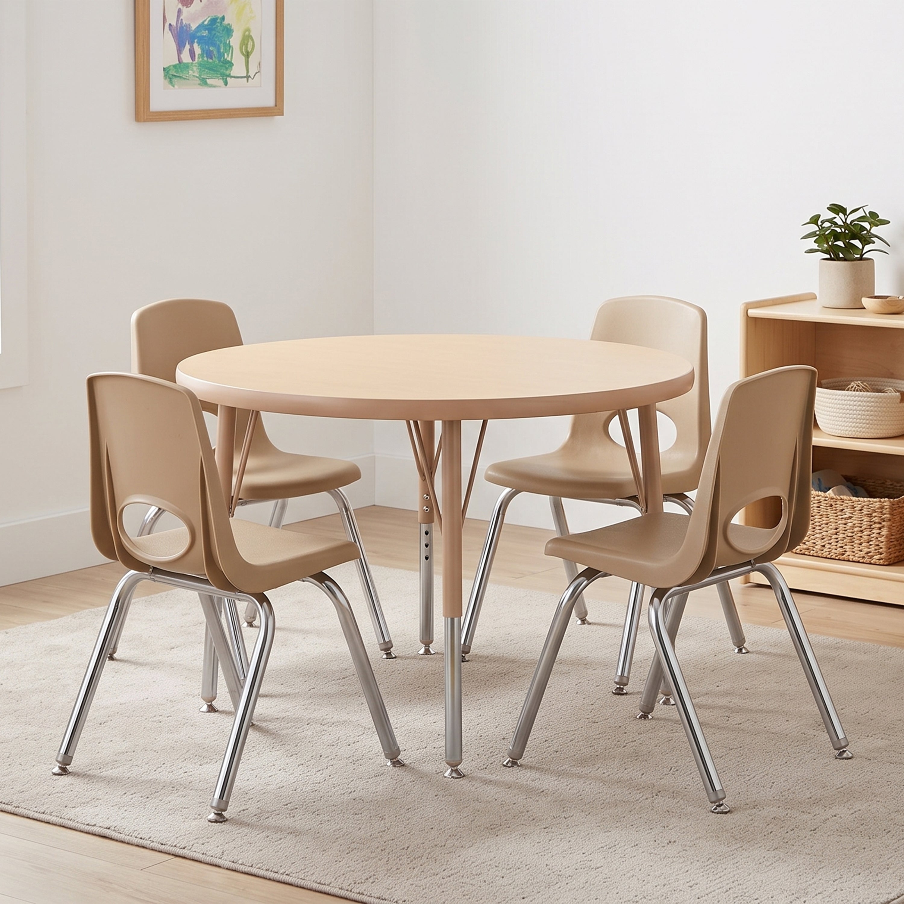 A round light wood dining table with four beige molded plastic chairs featuring silver metal legs, arranged on a light beige rug in a bright, modern room.