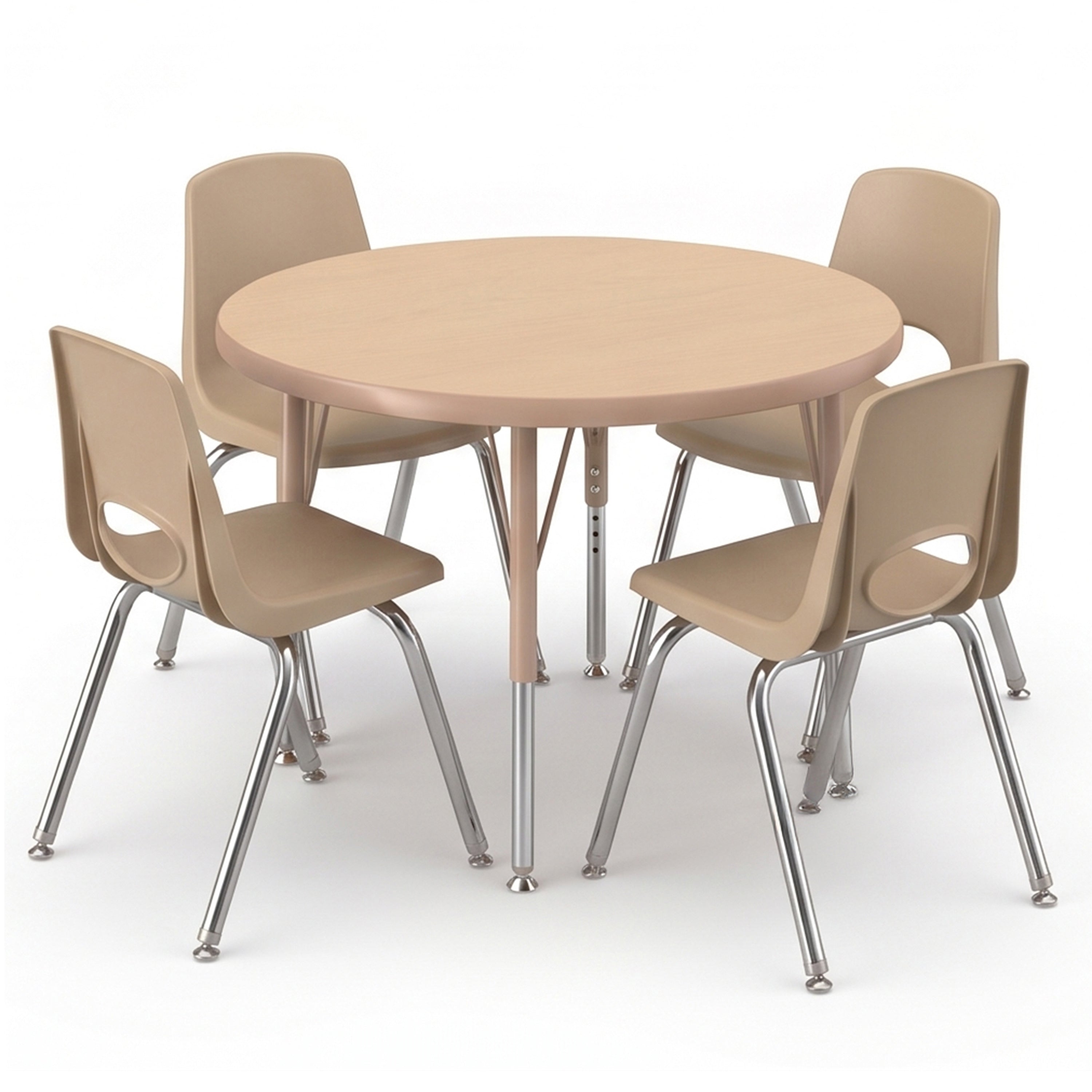 A round light wood table with four beige plastic chairs featuring metal legs, shown on a clean white background.