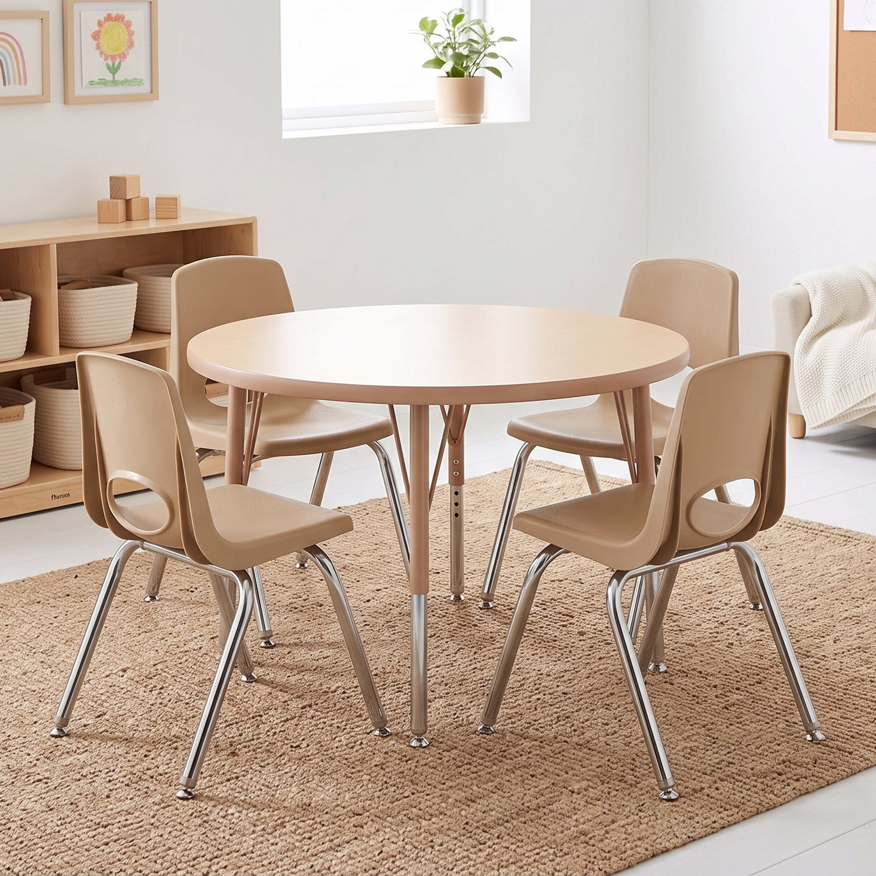 A round light wood table with four beige plastic chairs featuring chrome metal legs, arranged on a woven jute rug in a bright, modern children's room.