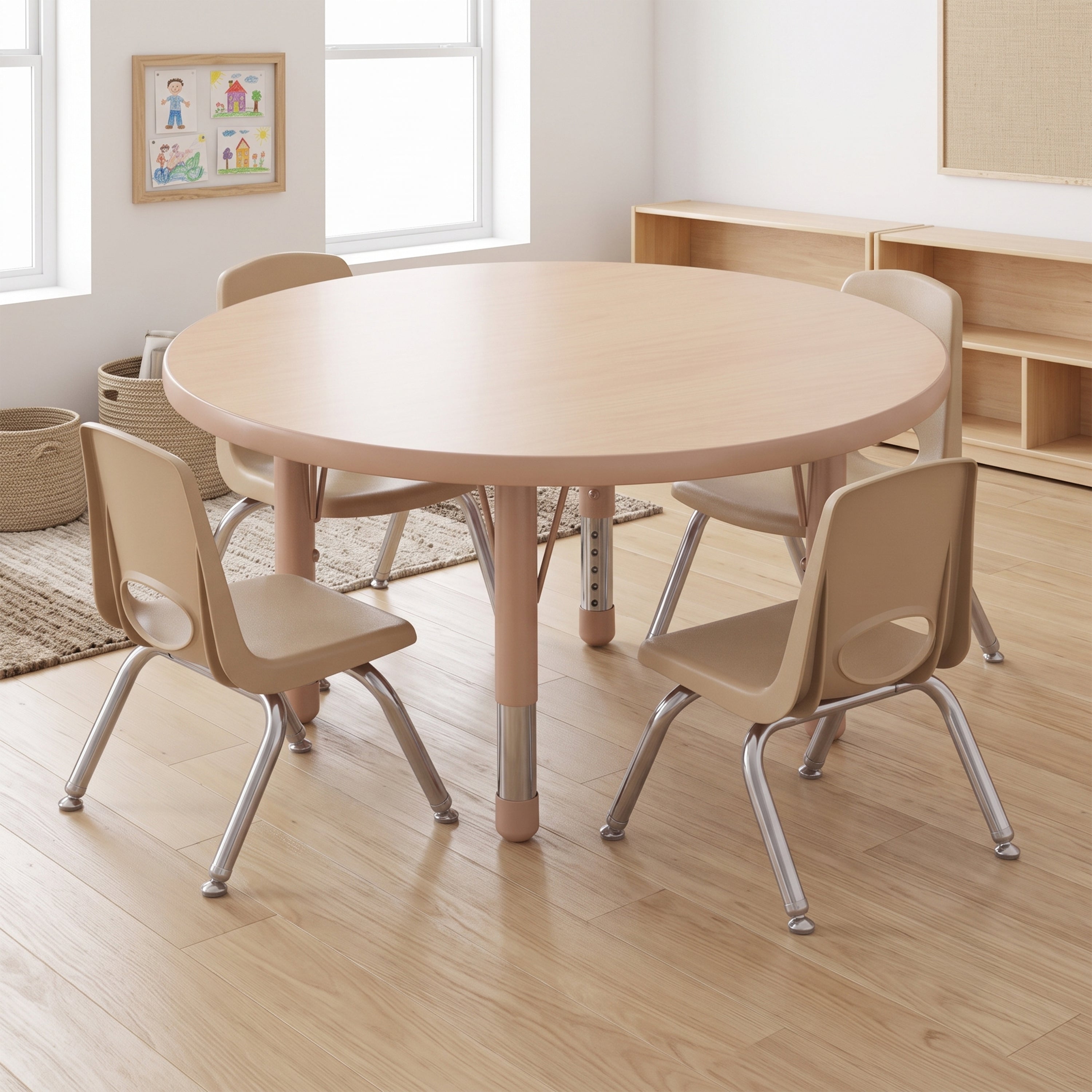 A round light wood children's table with four matching beige chairs with silver metal legs, set in a bright, modern classroom with light wood floors and shelves.