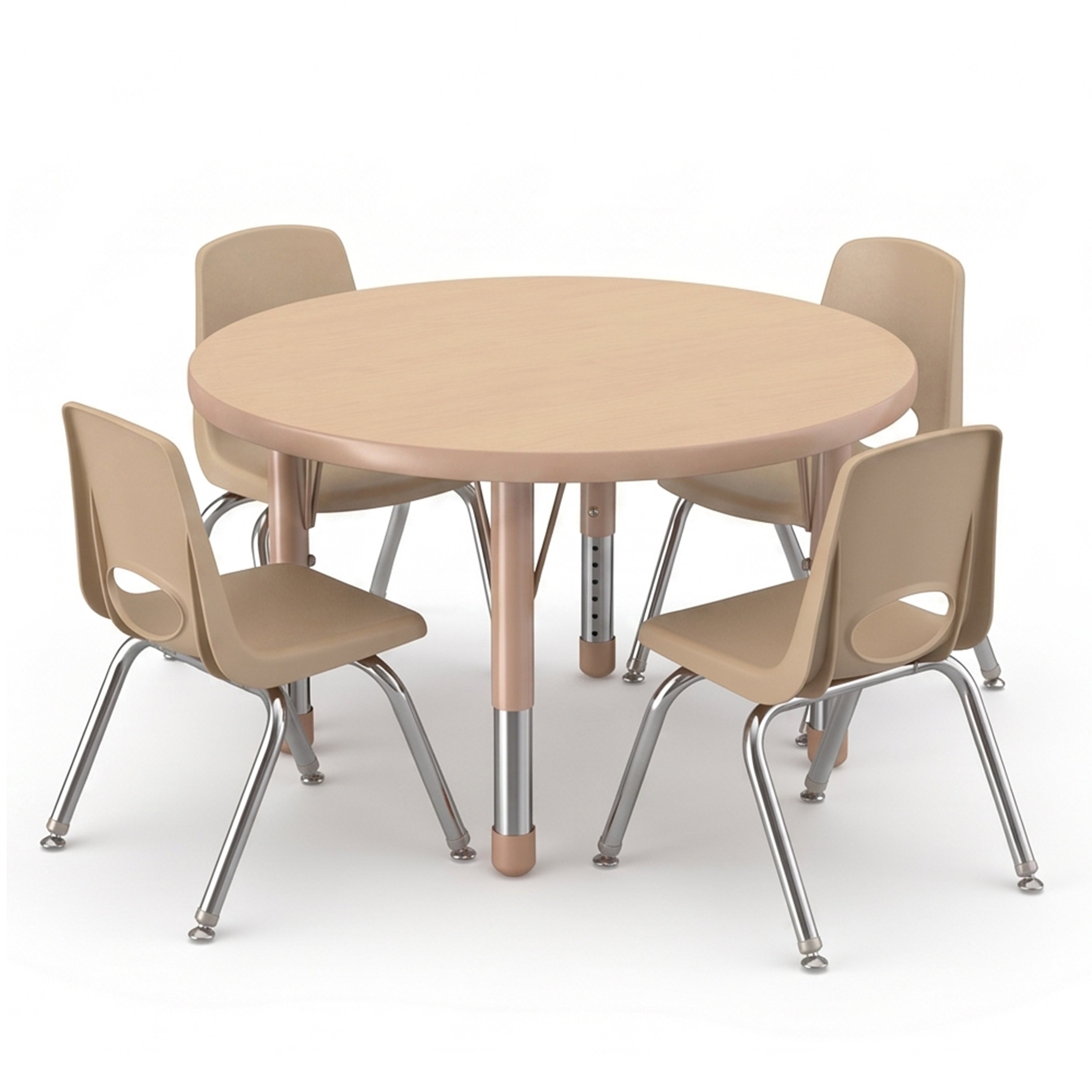 A round light wood table with four beige plastic chairs featuring silver metal legs, shown on a clean white background.