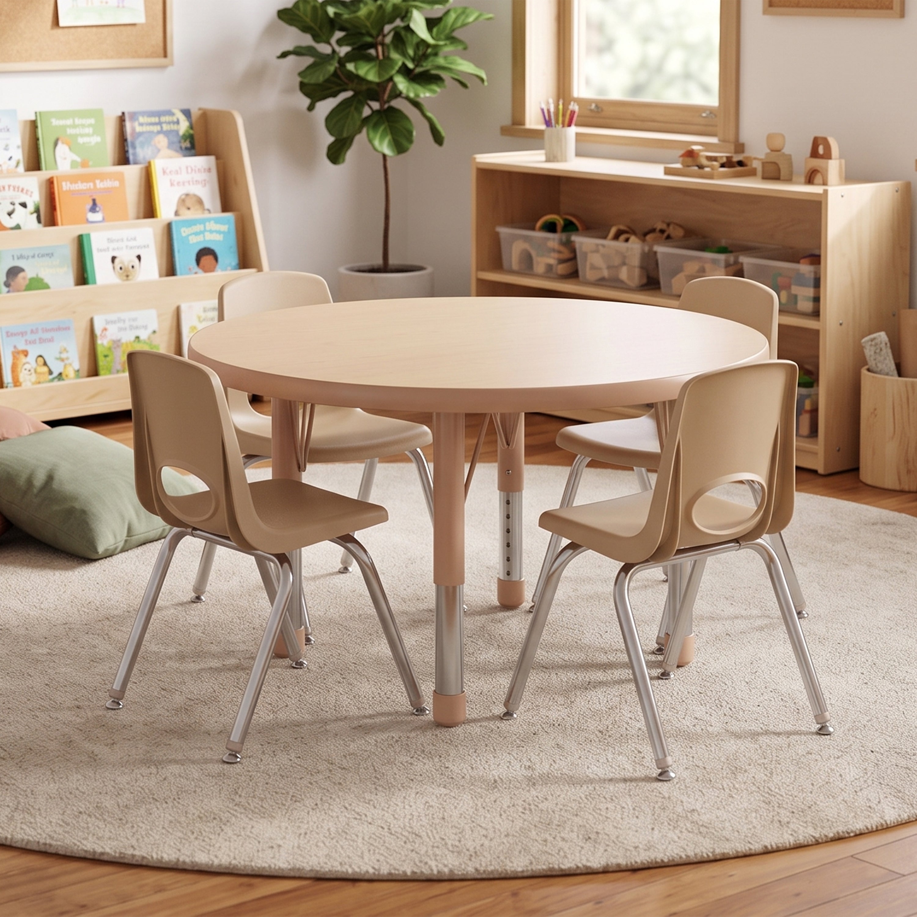 A round light wood children's table with four matching beige plastic chairs with silver metal legs, set on a round beige rug in a bright, modern toddler's room.