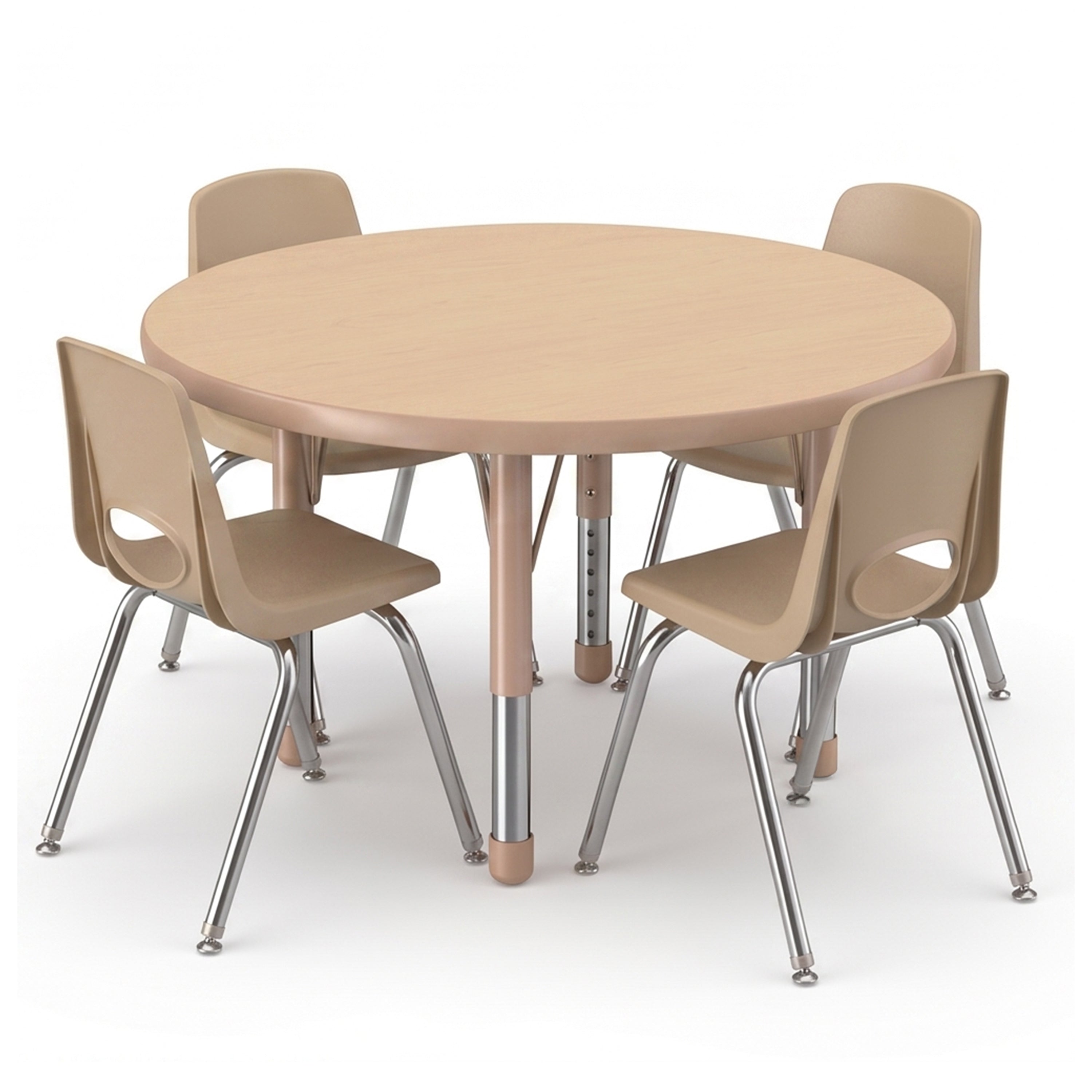 A round light wood table with four matching beige chairs featuring silver metal legs, shown on a clean white background.