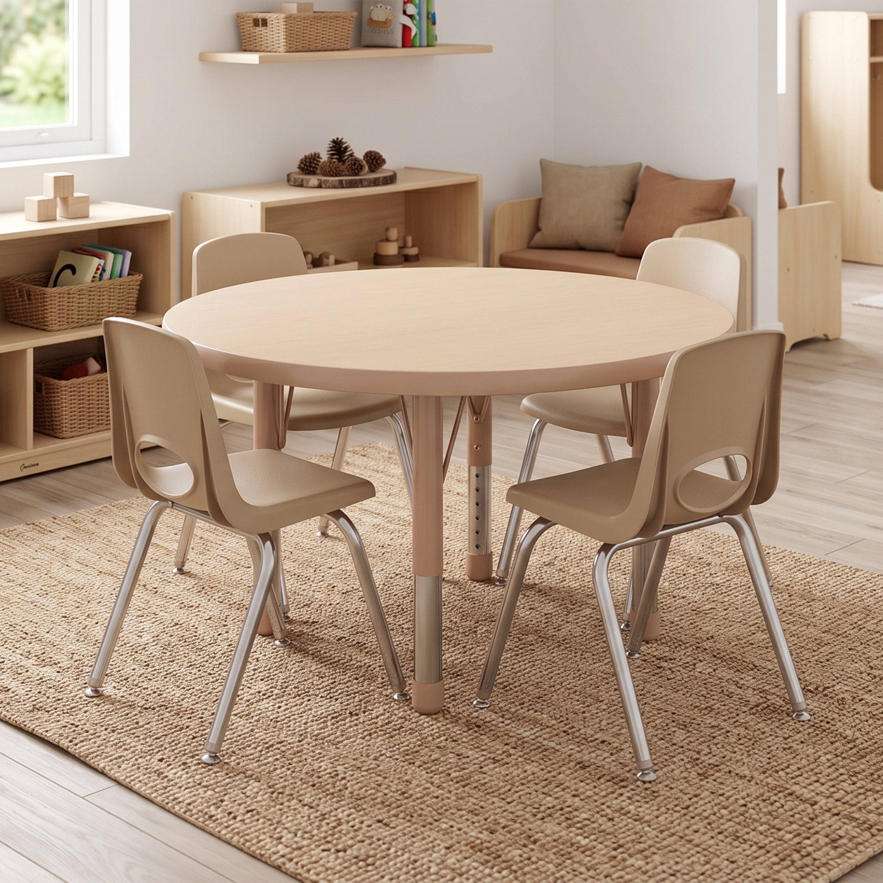A round light wood children's table with four matching beige plastic chairs with metal legs, set on a woven jute rug in a bright, modern children's room.