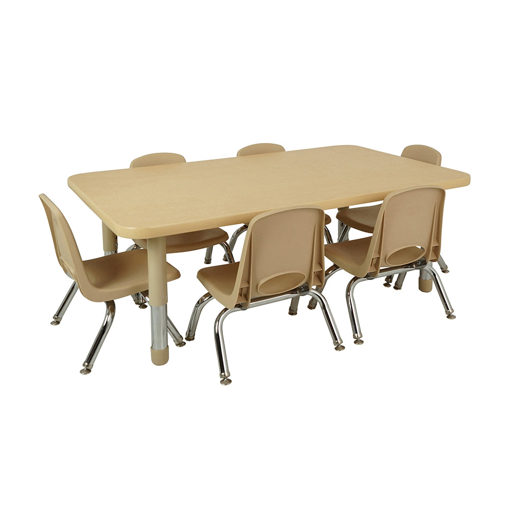 Beige table with six matching chairs on a white background