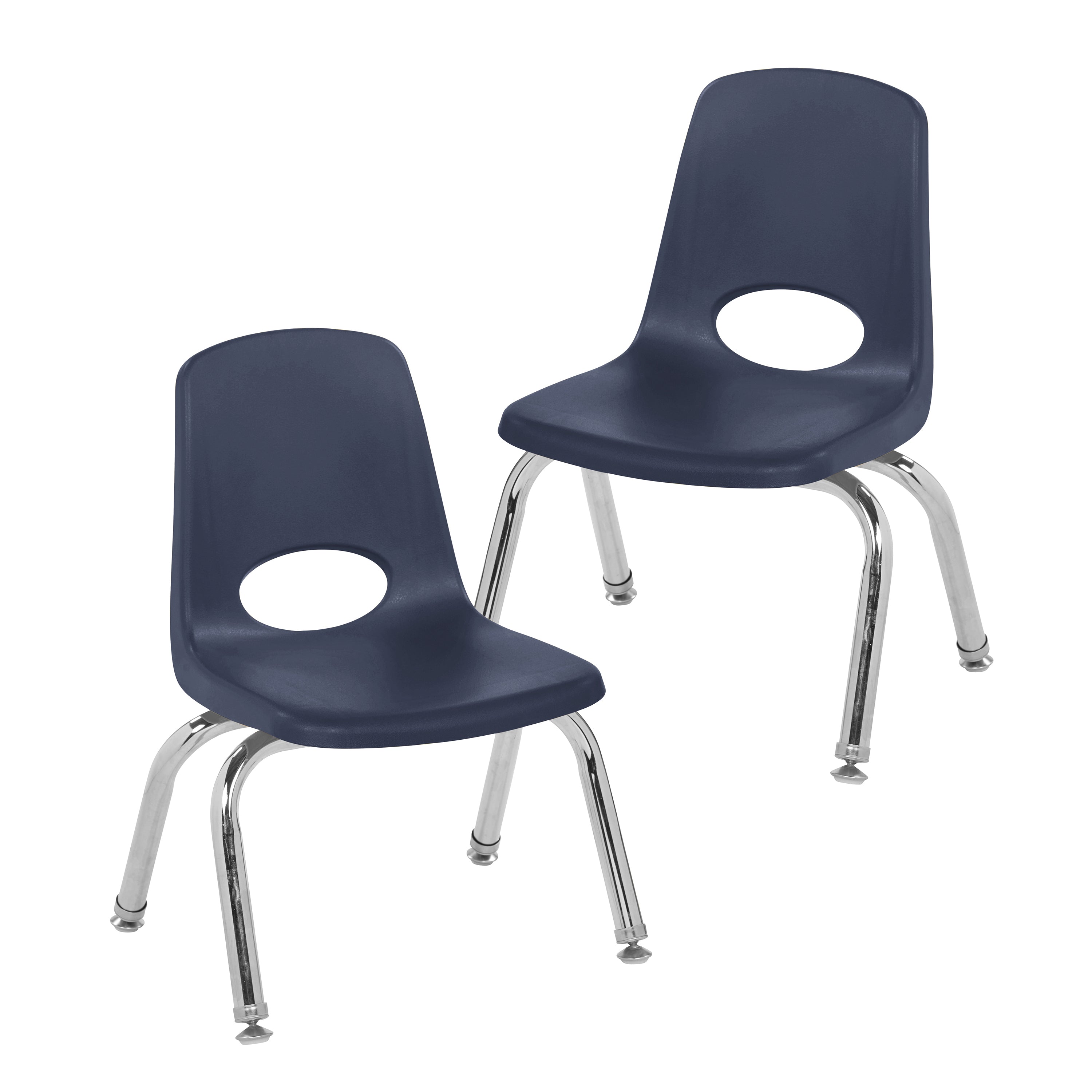 Two navy blue chairs with chrome legs on a white background