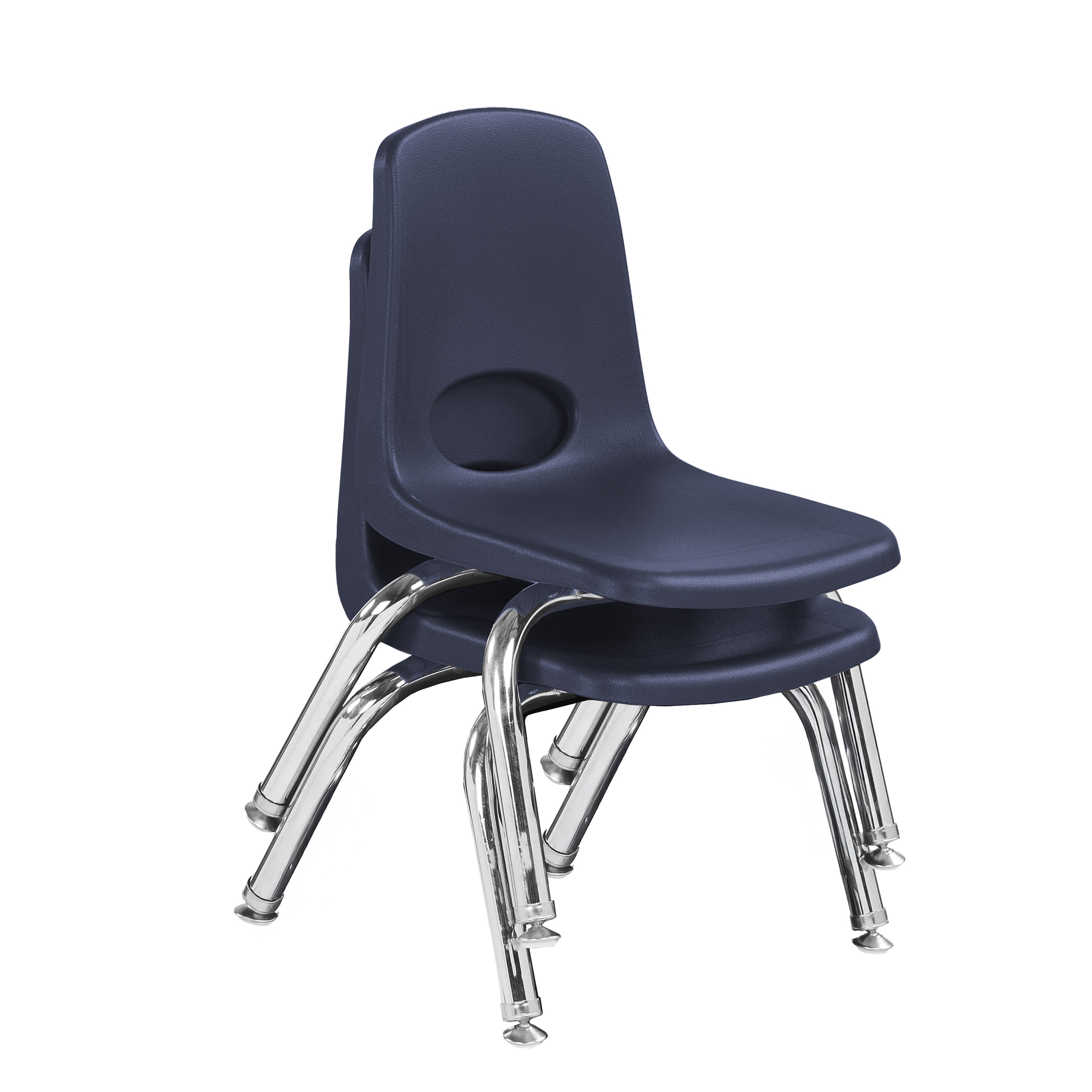Two navy blue chairs with chrome legs stacked together on a white background