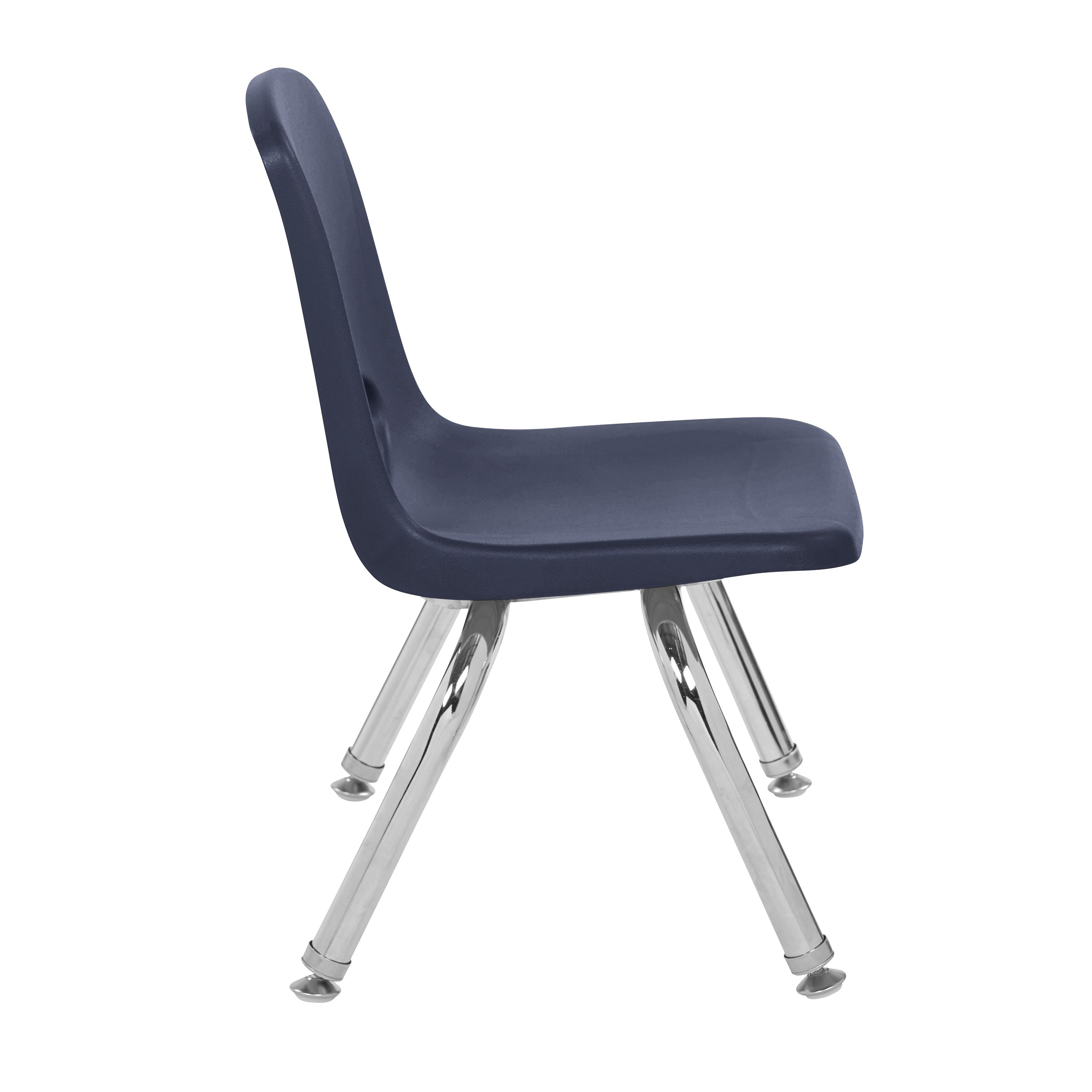 Side view of Navy blue chair with chrome legs on a white background