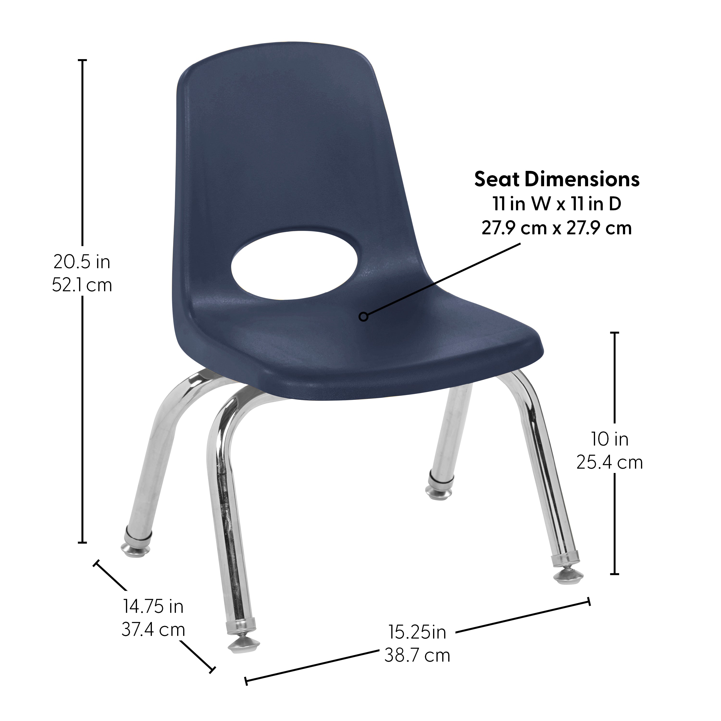 Navy blue chair with measurements labeled on a white background
