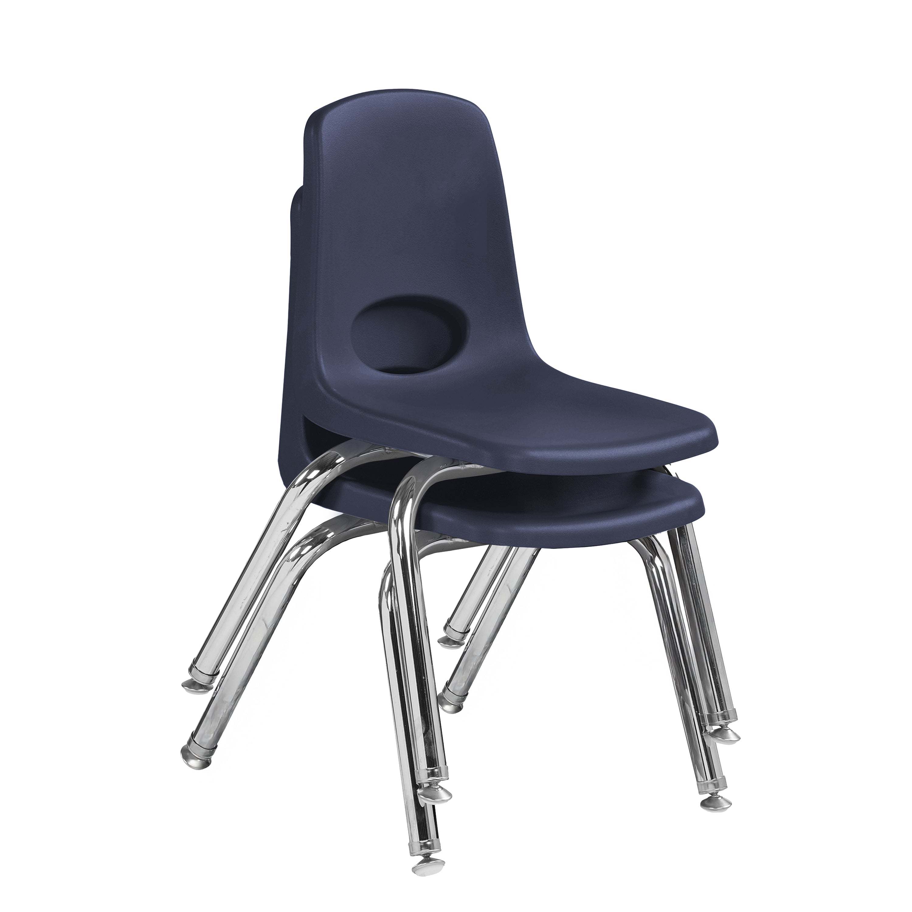Two navy blue chairs with chrome legs stacked together on a white background