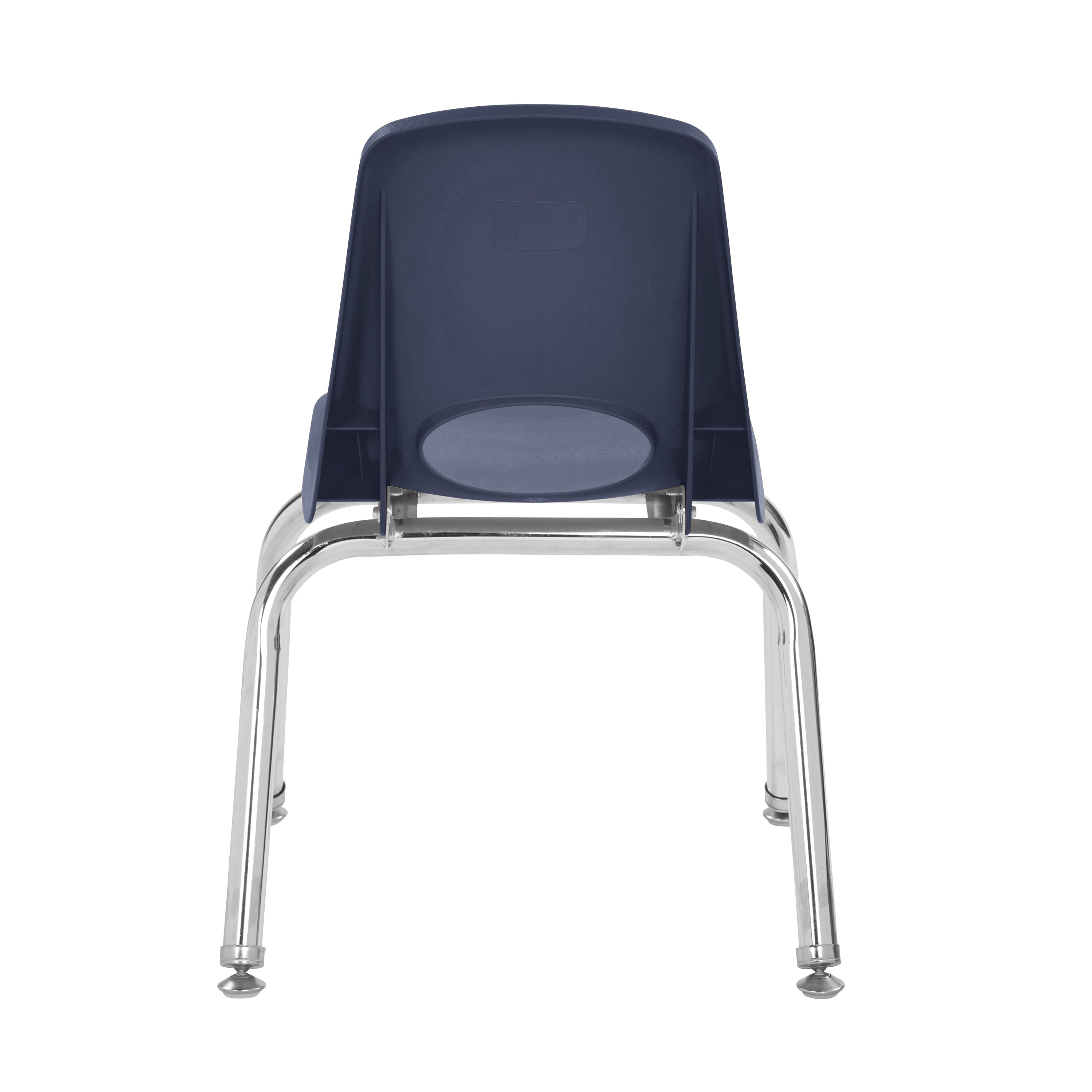 back view of Blue chair with metal legs on a white background