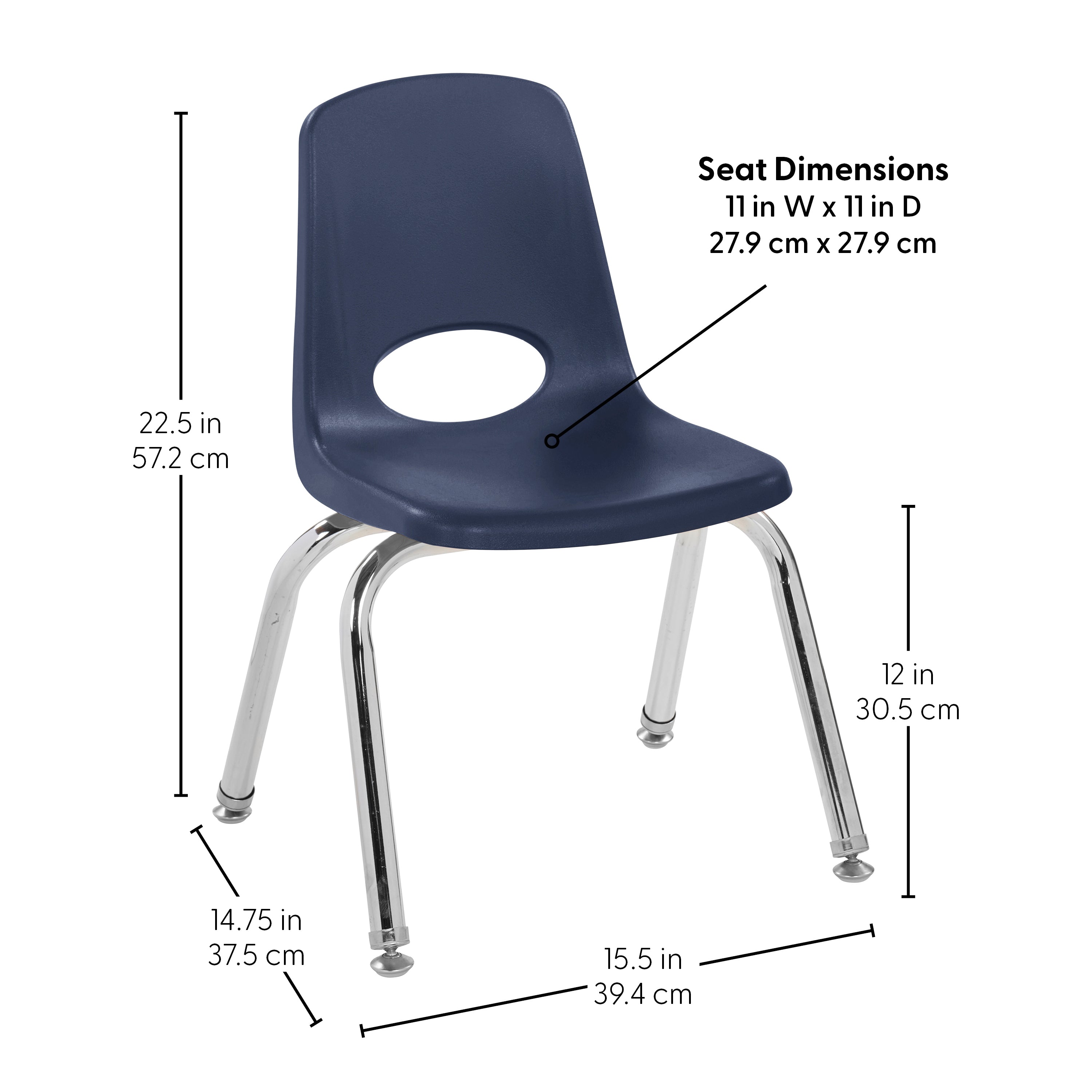 Navy blue chair with chrome legs and seat dimensions labeled on a white background