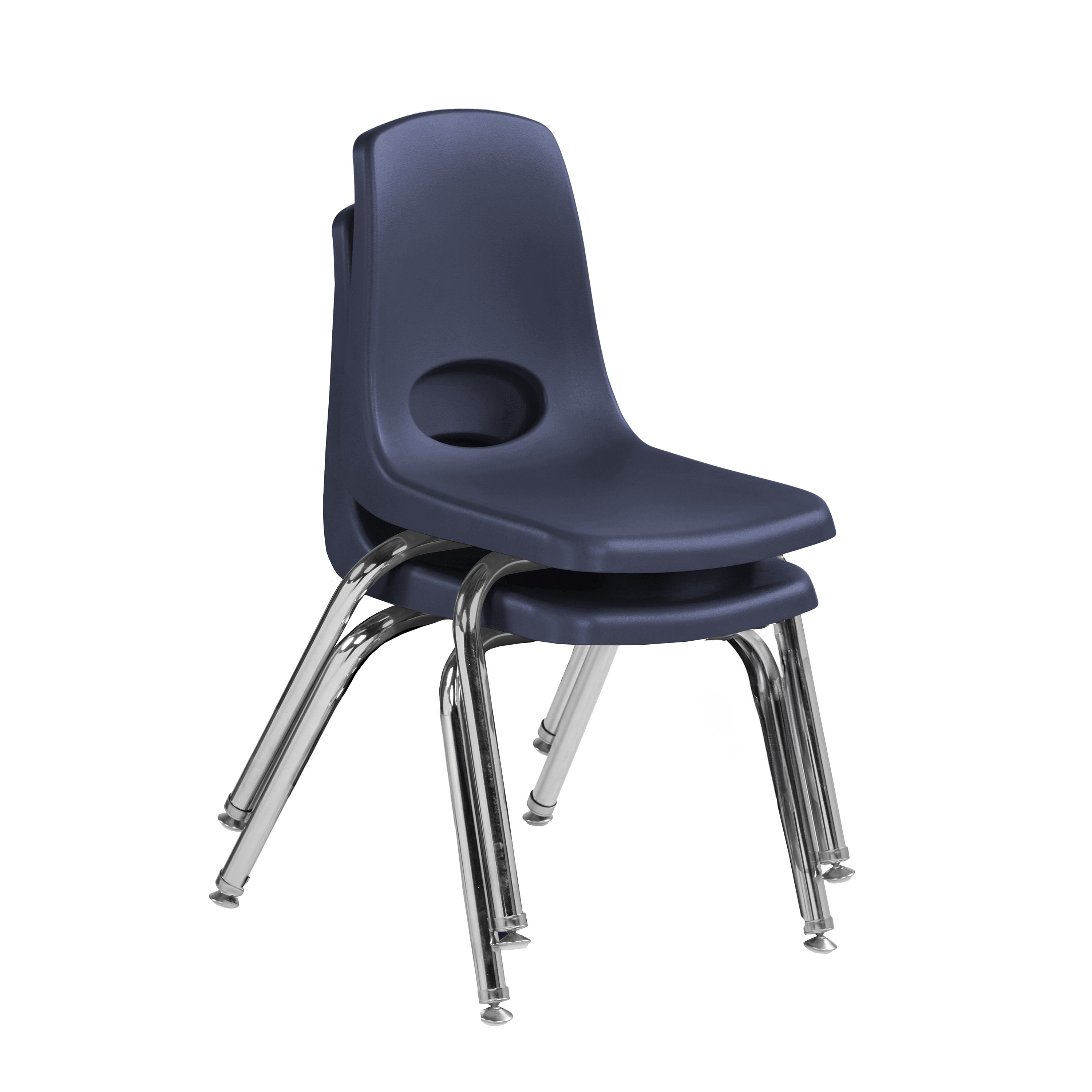 Two navy blue chairs with chrome legs on a white background