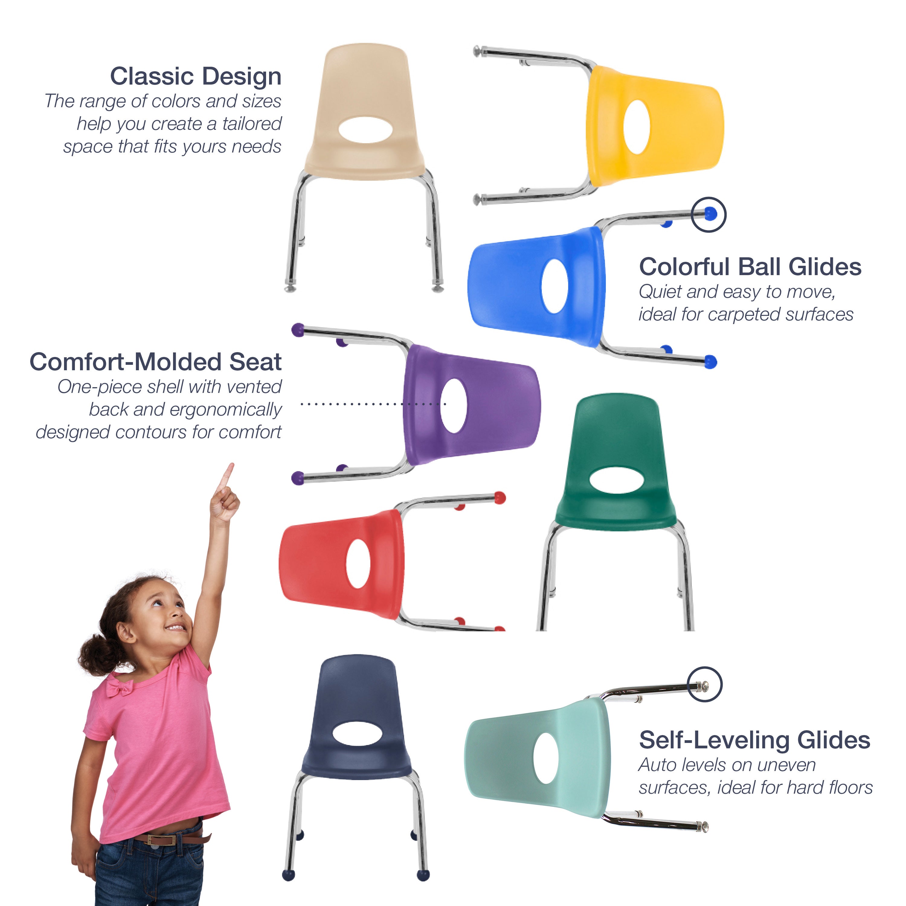 Colorful chairs with various features highlighted on a white background