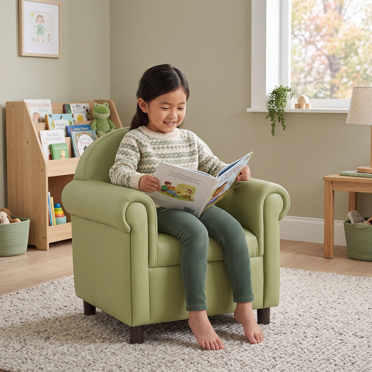 Little Lux Fern Green Preschool Lounge Chair | Adjustable Kids’ Soft Seat for Reading & Relaxation