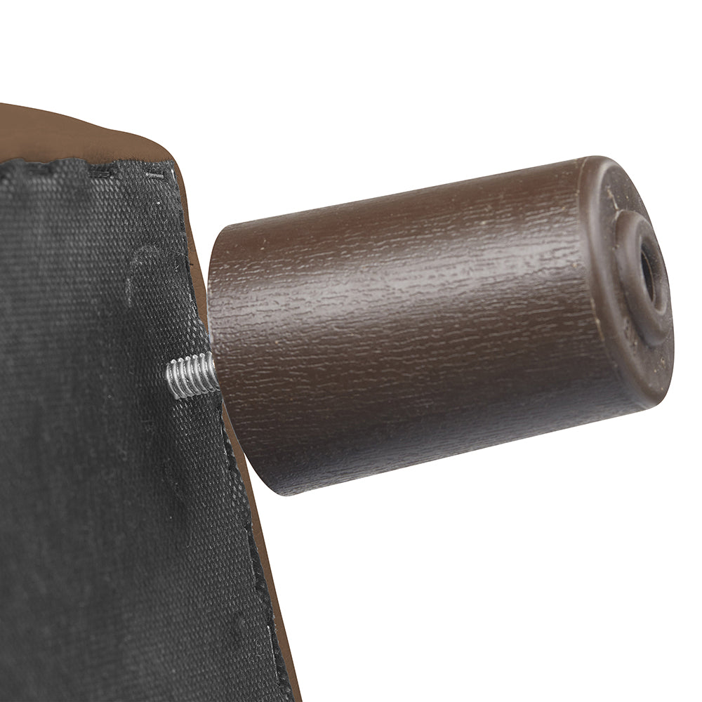 Close-up of screw-in leg on Little Lux Chocolate Preschool Sofa
