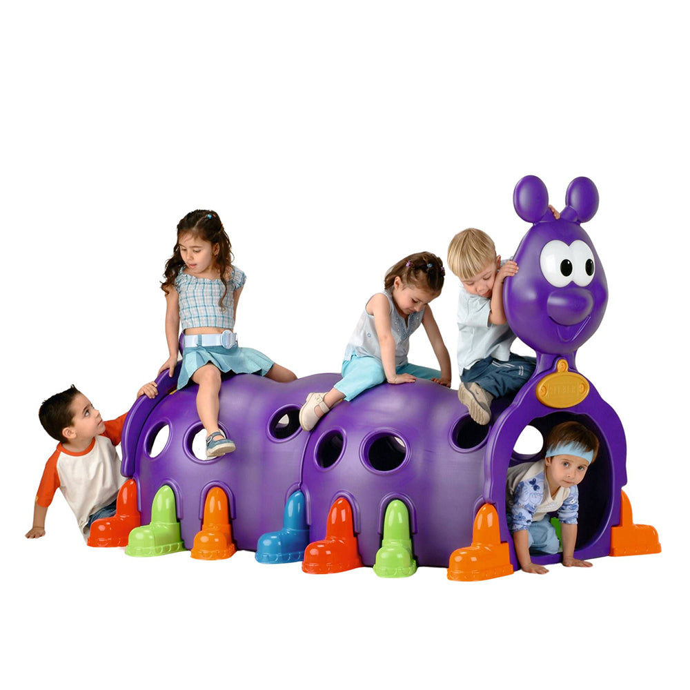 Children playing on a colorful playground structure with a purple character-like design.