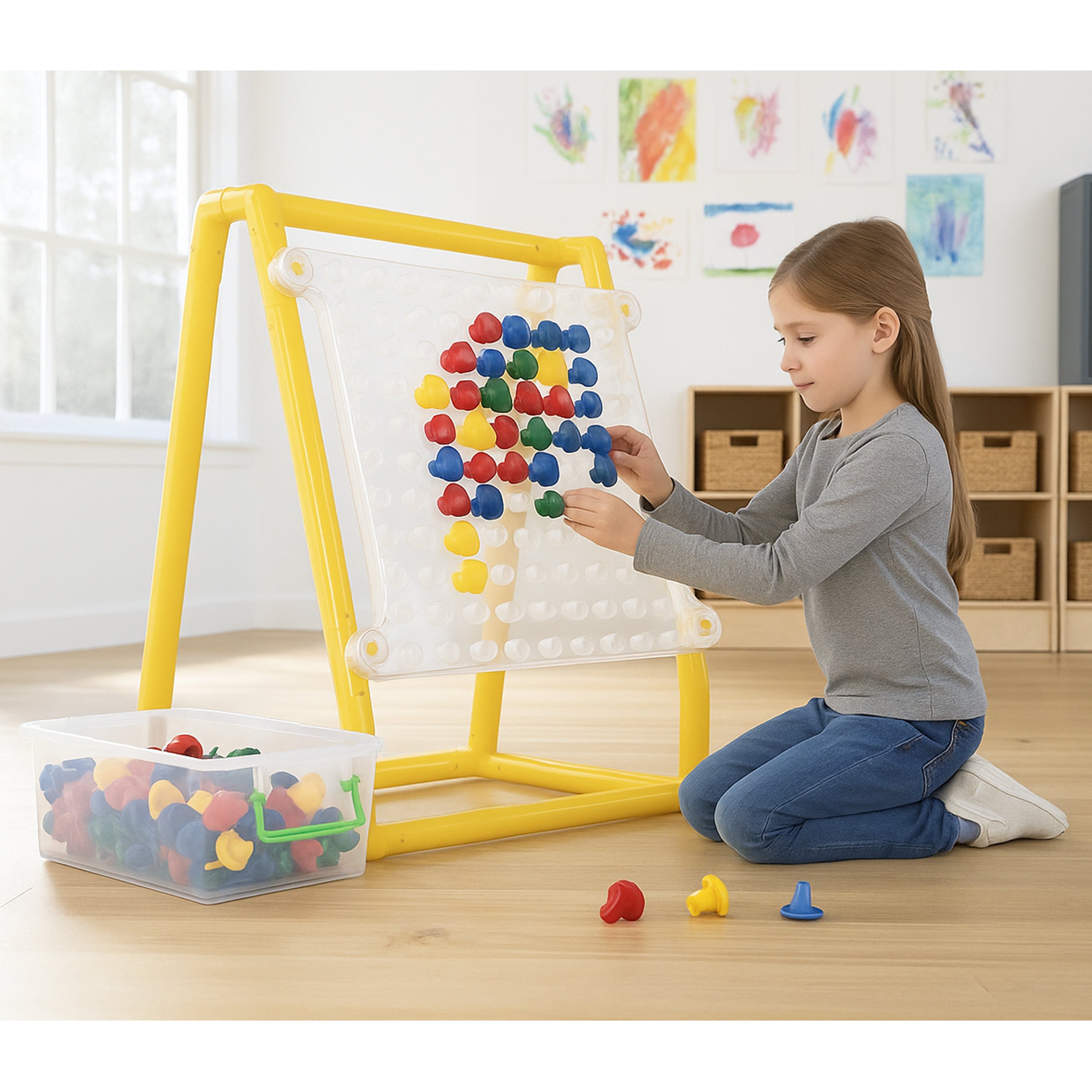 Child playing with colorful pegs on a yellow stand in a classroom setting