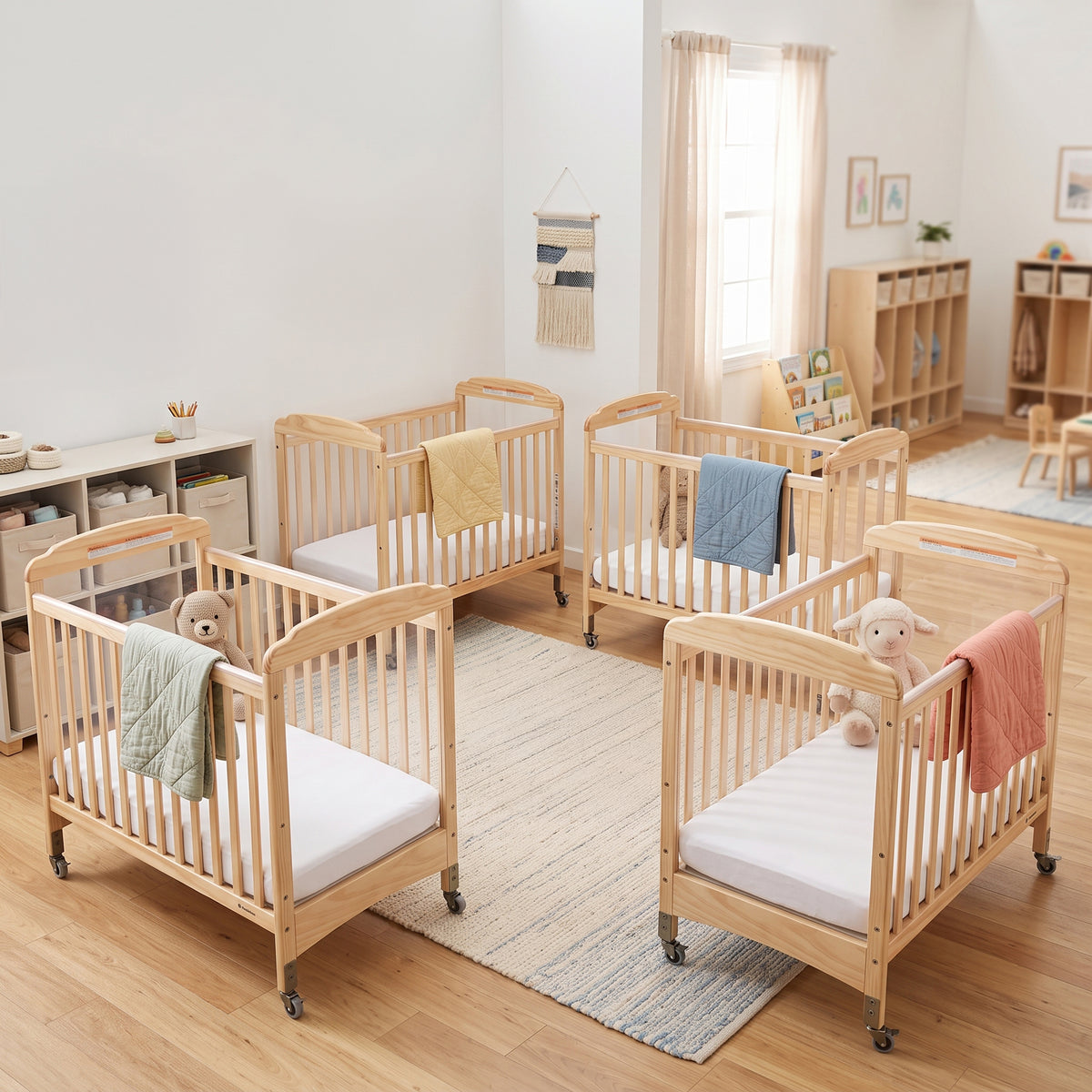 Five light natural wood rolling baby cribs with white mattress pads are arranged on a light rug in a bright, modern nursery with wooden floors and shelves.