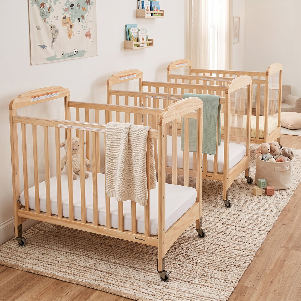 Three light natural wood baby cribs with wheels are arranged on a woven rug in a bright nursery. Each crib has a white mattress and a soft blanket draped over the side; one crib also has a pale green blanket.