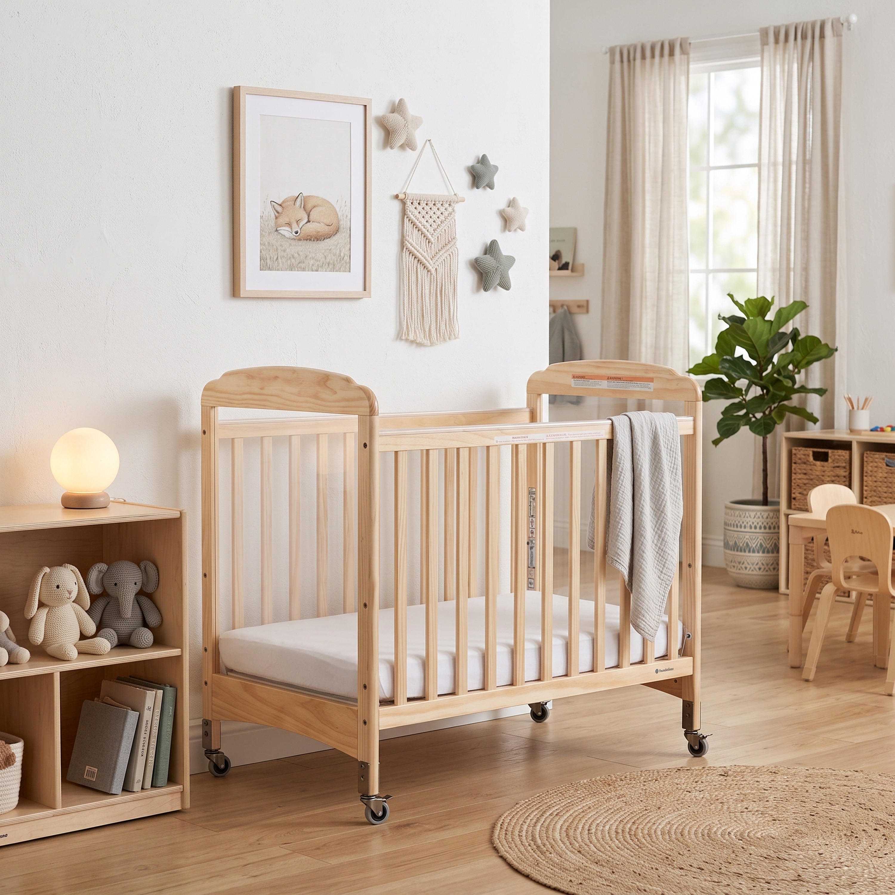 A light natural wood convertible crib with wheels, styled in a bright, modern nursery with beige walls, wooden furniture, and a window with sheer curtains.