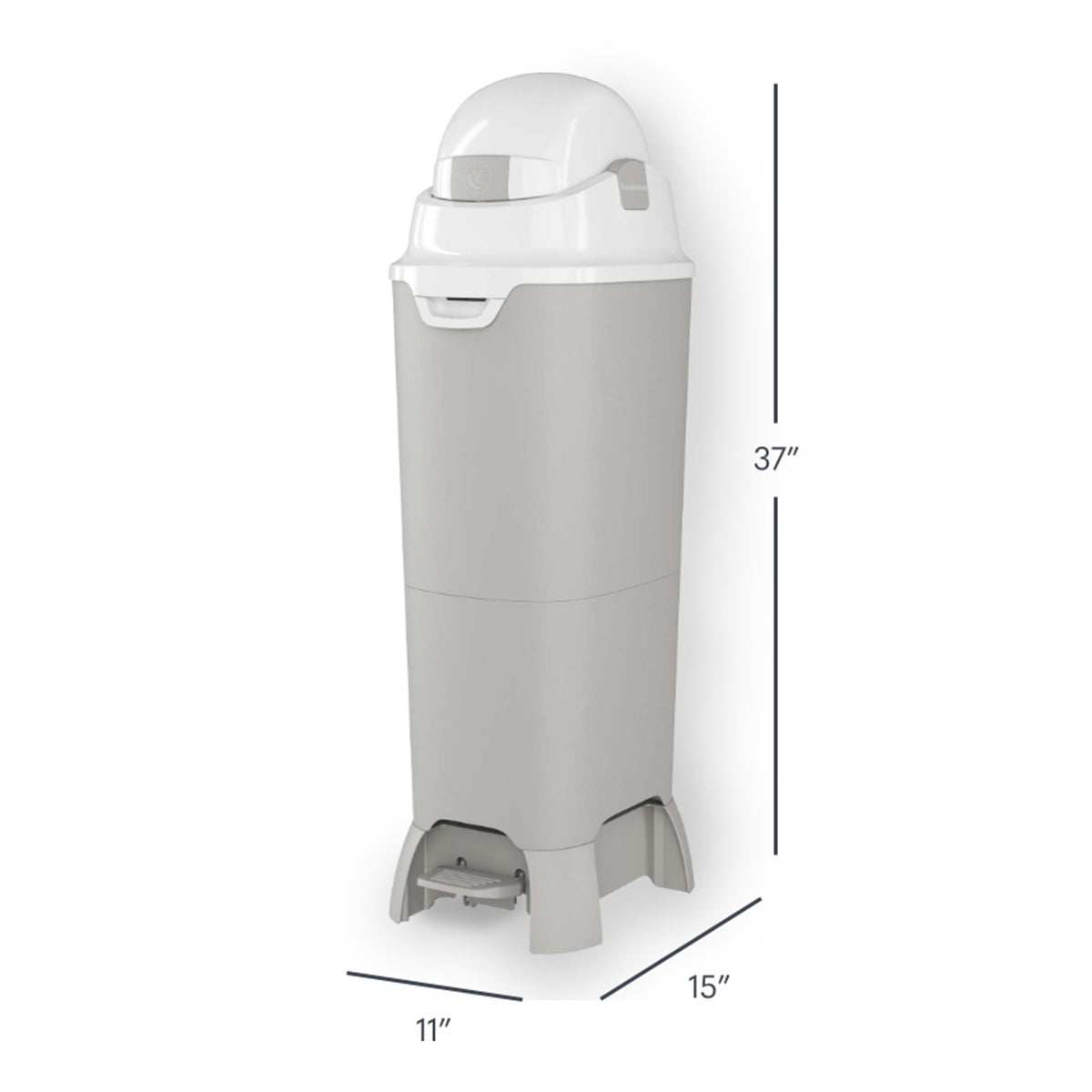 Premium hands-free diaper pail showing 15-inch length, 11-inch width, and 37-inch height