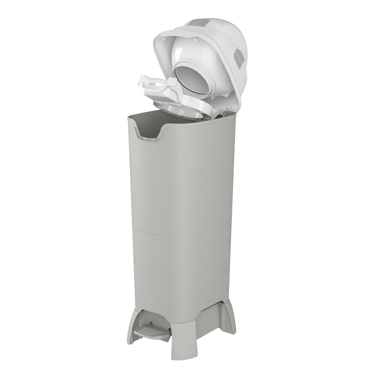 Premium diaper pail with top section open for easy trash bag installation and removal
