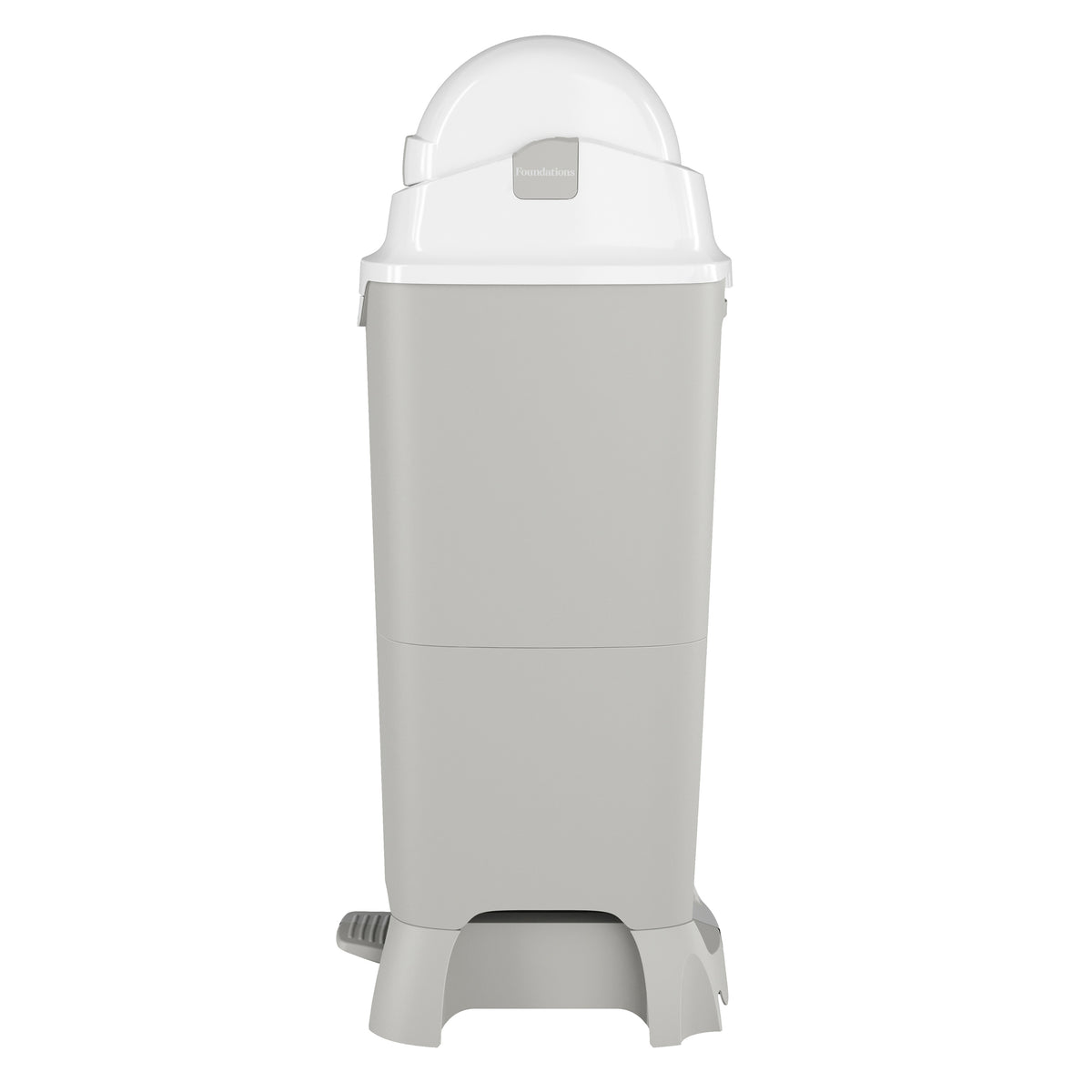 Rear view of tall hands-free diaper pail with space-saving design and foot pedal