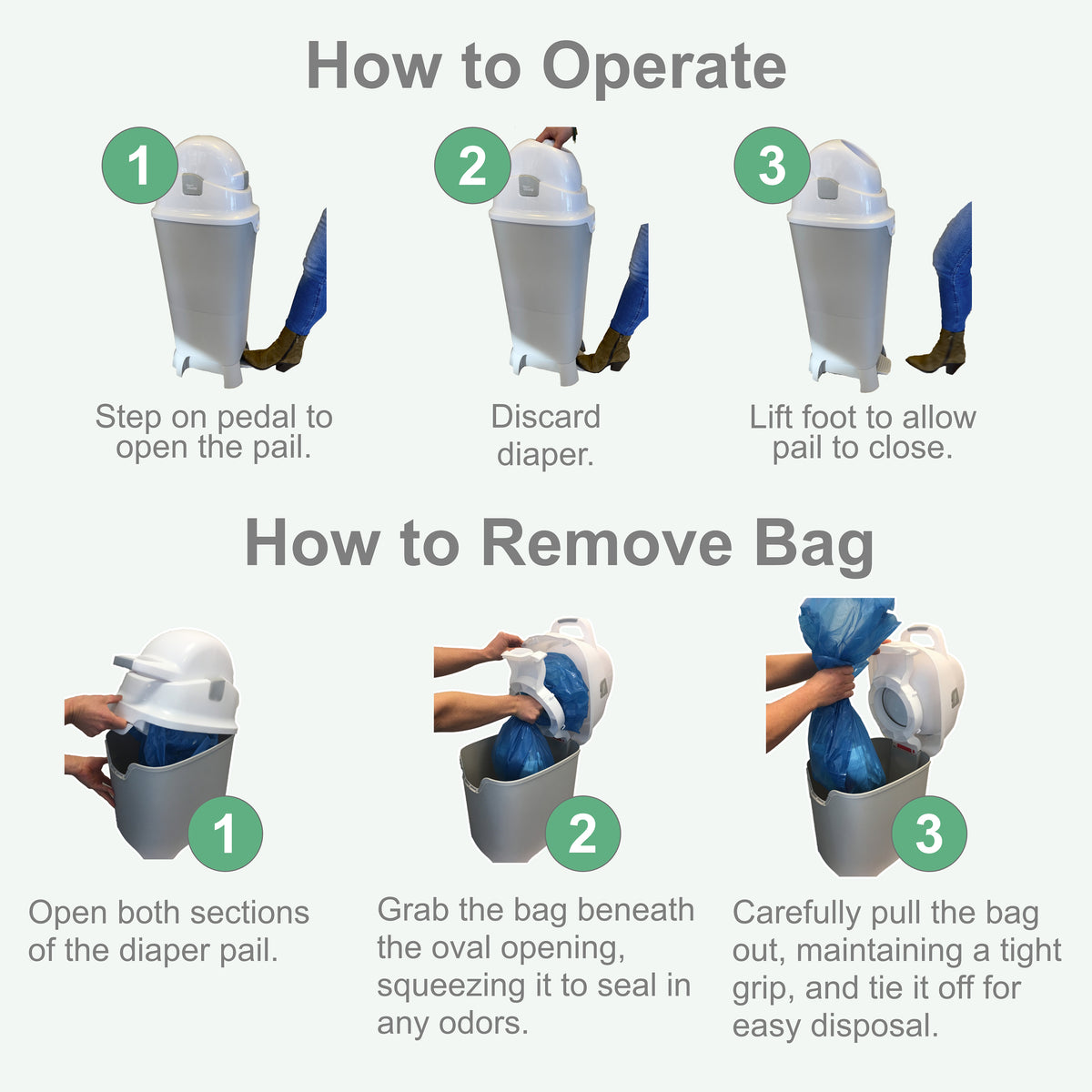 Instructions showing hands-free foot pedal operation and steps for removing the bag from the diaper pail
