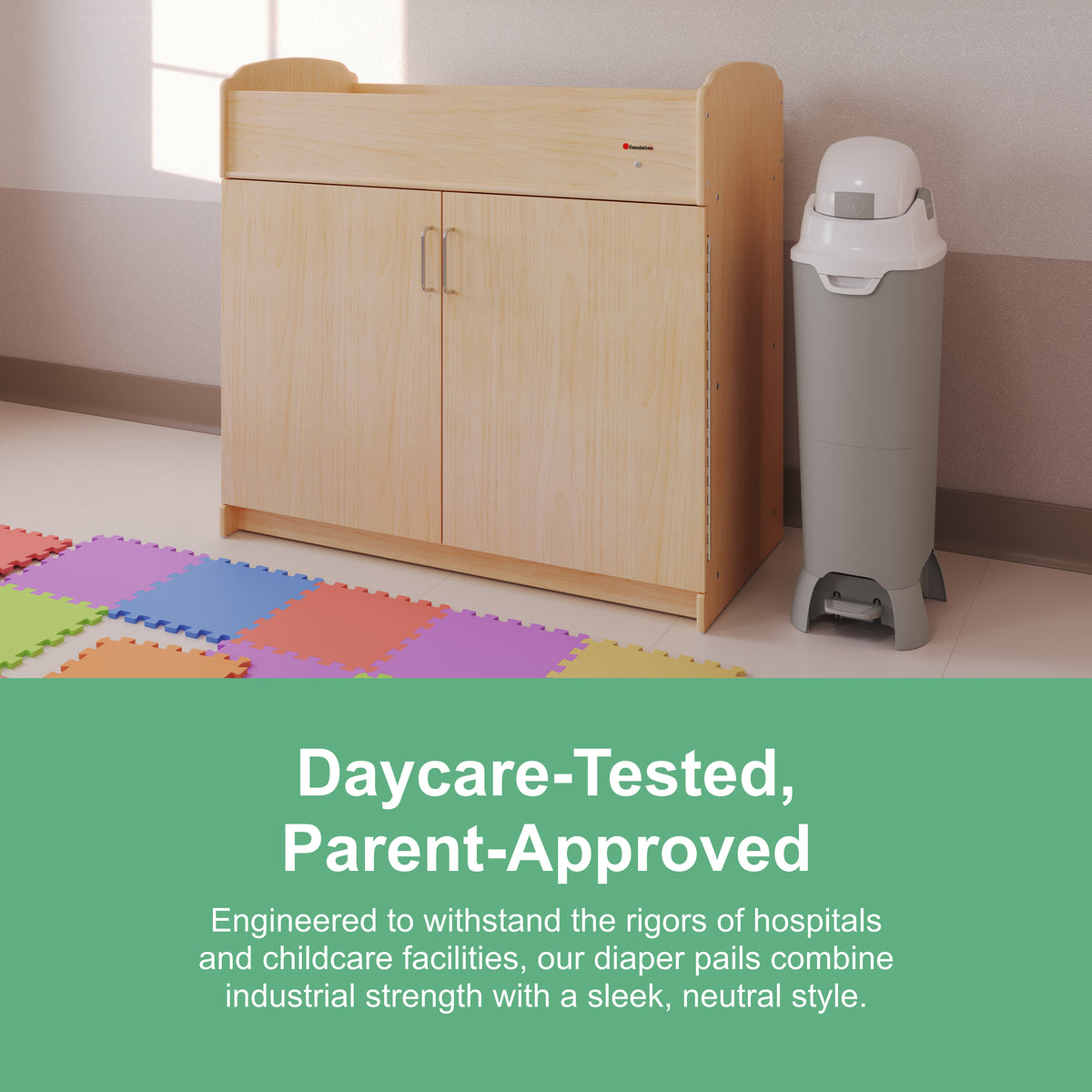 Hands-free diaper pail beside a wooden changing station in a daycare classroom