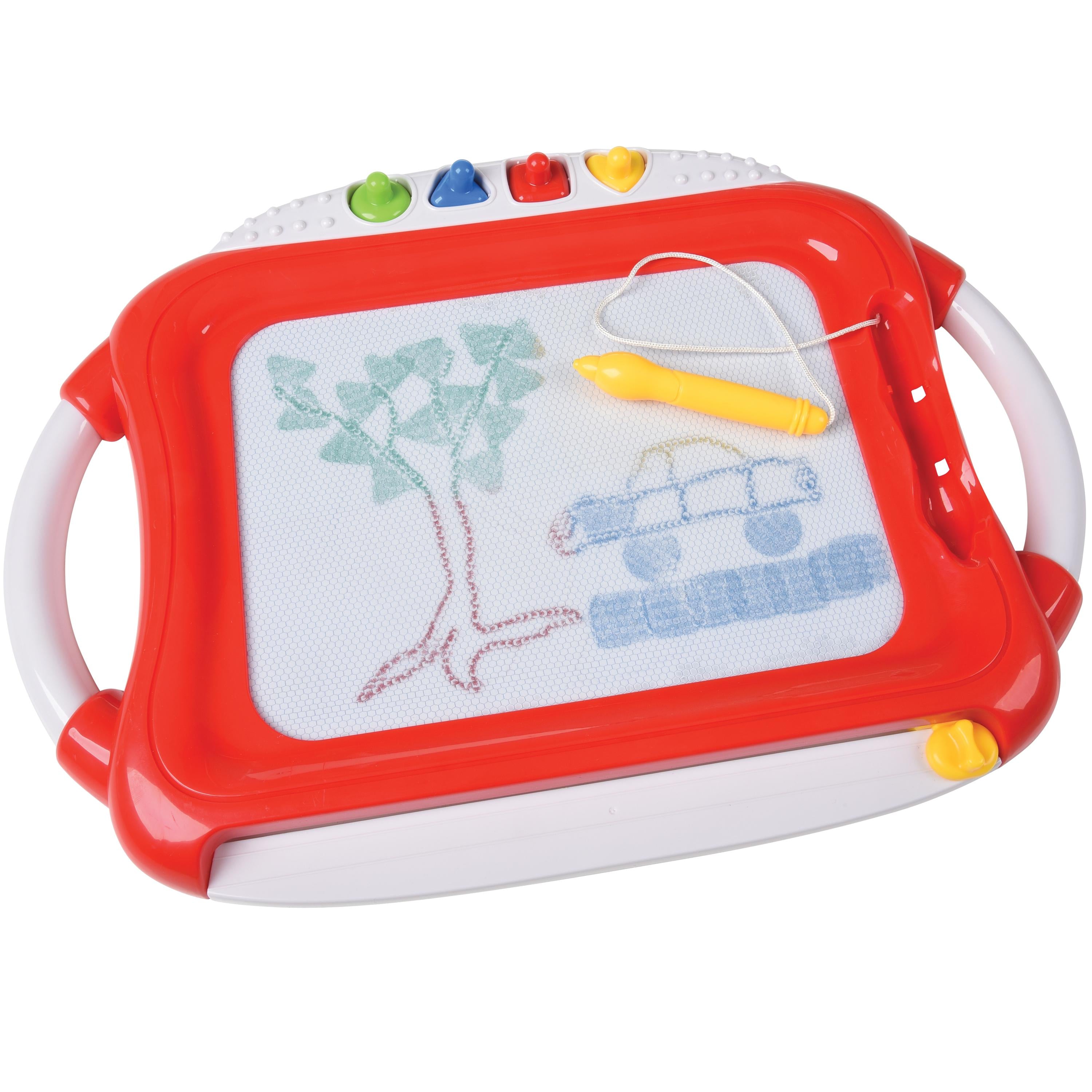 Children's drawing board with whiteboard and magnetic crayons on a white background
