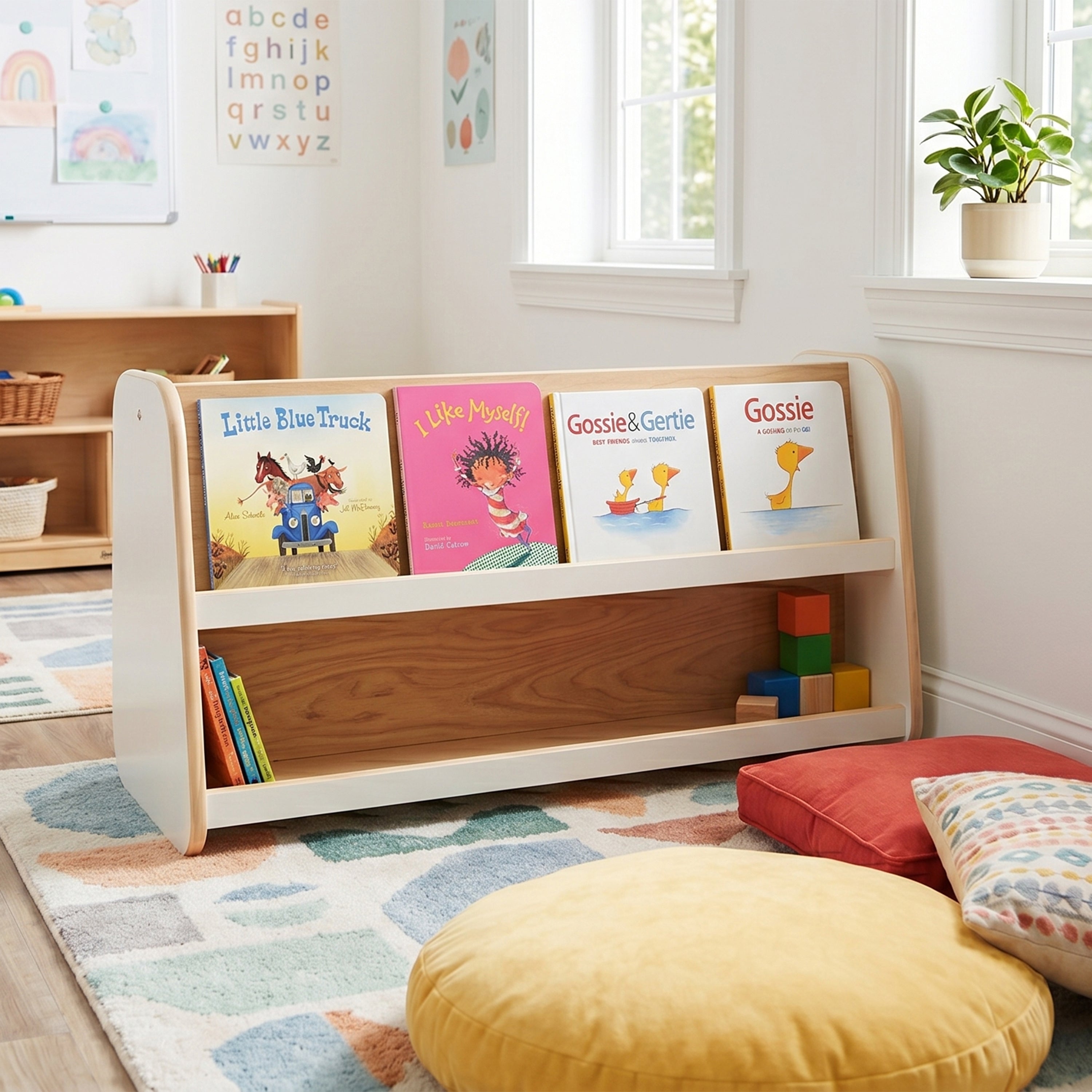 Wooden bookshelf with children's books and toys in a room with a colorful rug and plant.