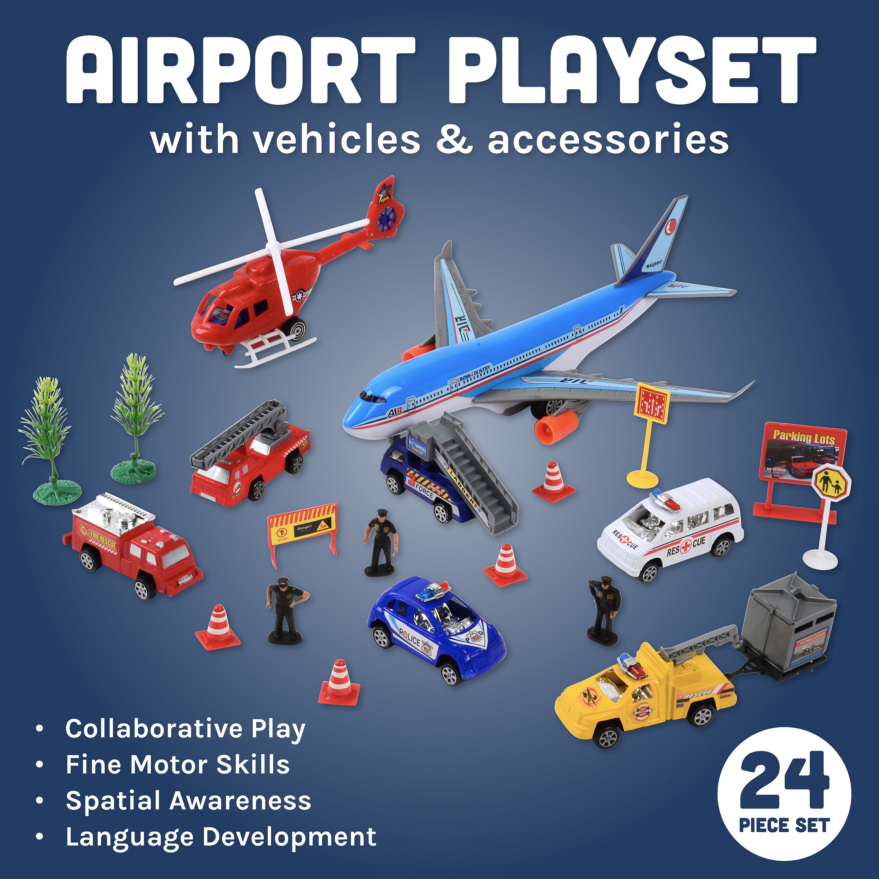 24-Piece Airport Playset with Vehicles, Helicopter, Airplane & Accessories