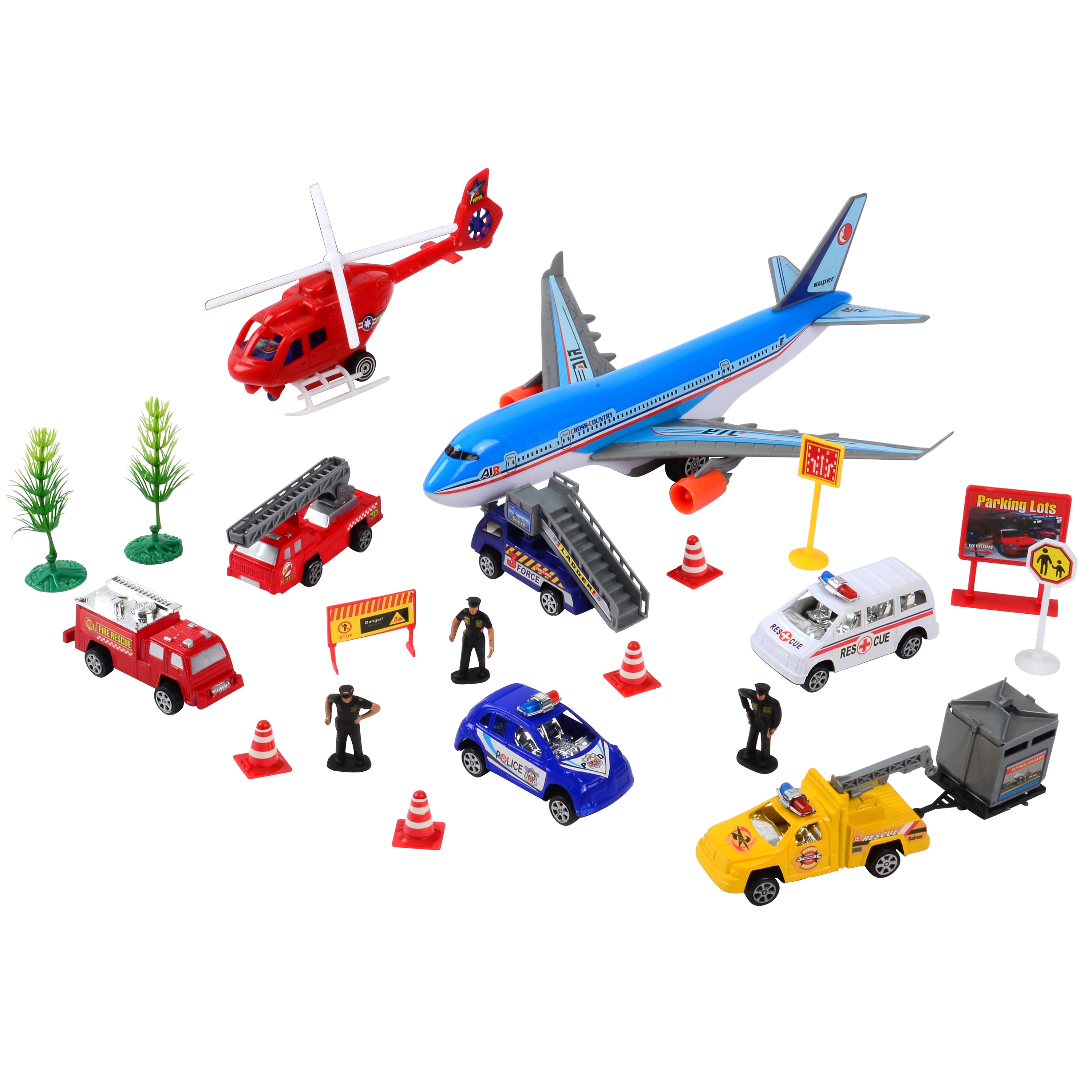 24-Piece Airport Playset with Vehicles, Helicopter, Airplane & Accessories