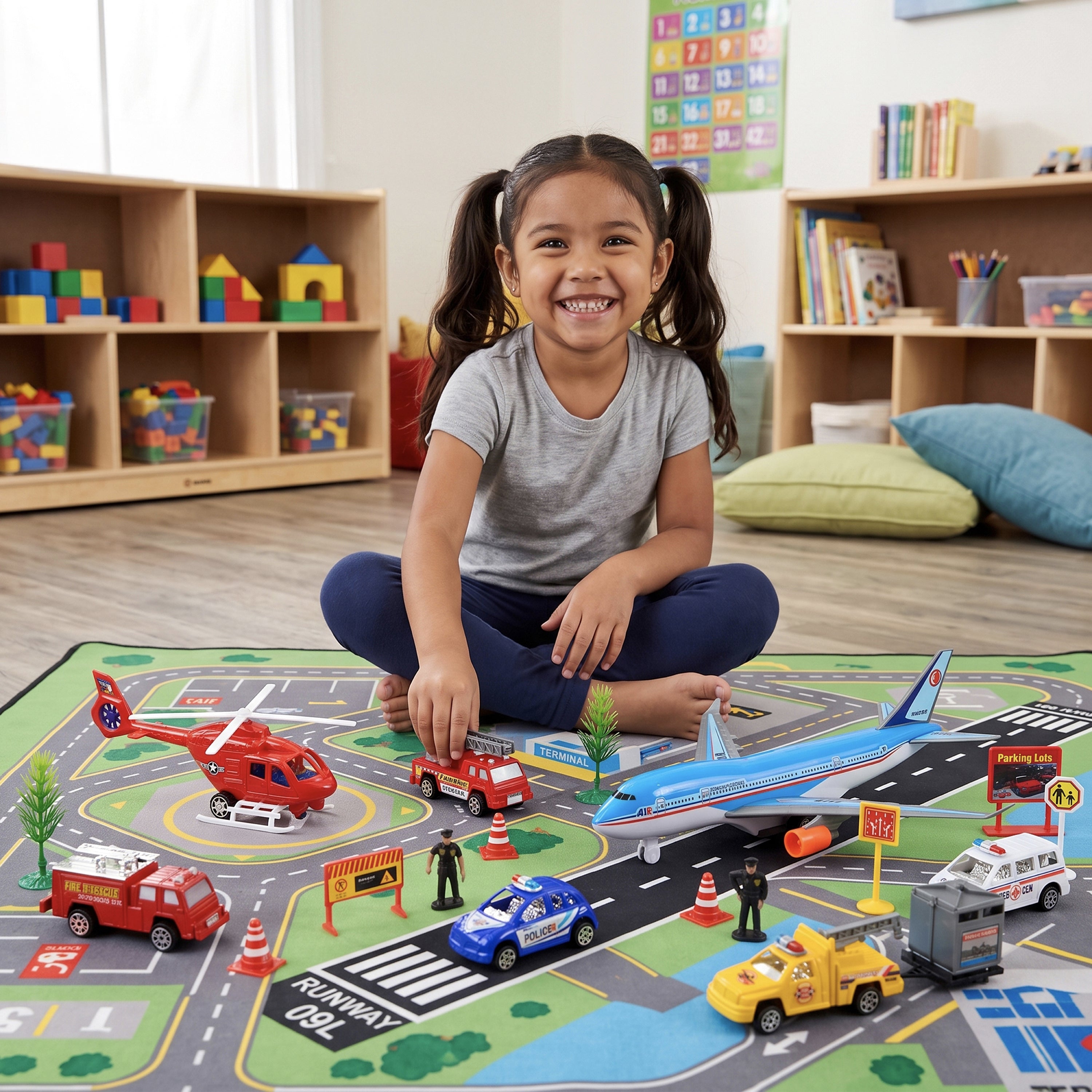 24-Piece Airport Playset with Vehicles, Helicopter, Airplane & Accessories