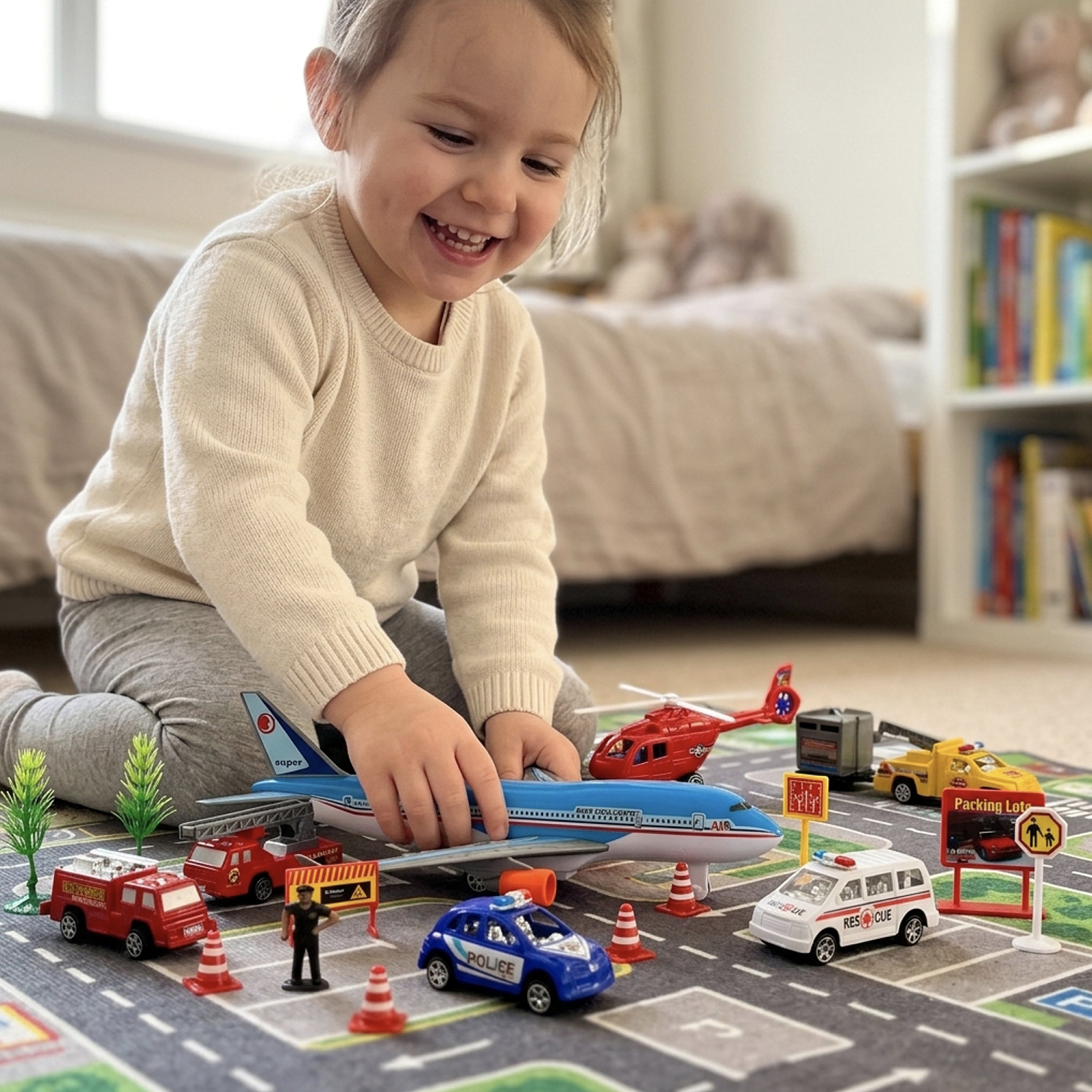 24-Piece Airport Playset with Vehicles, Helicopter, Airplane & Accessories