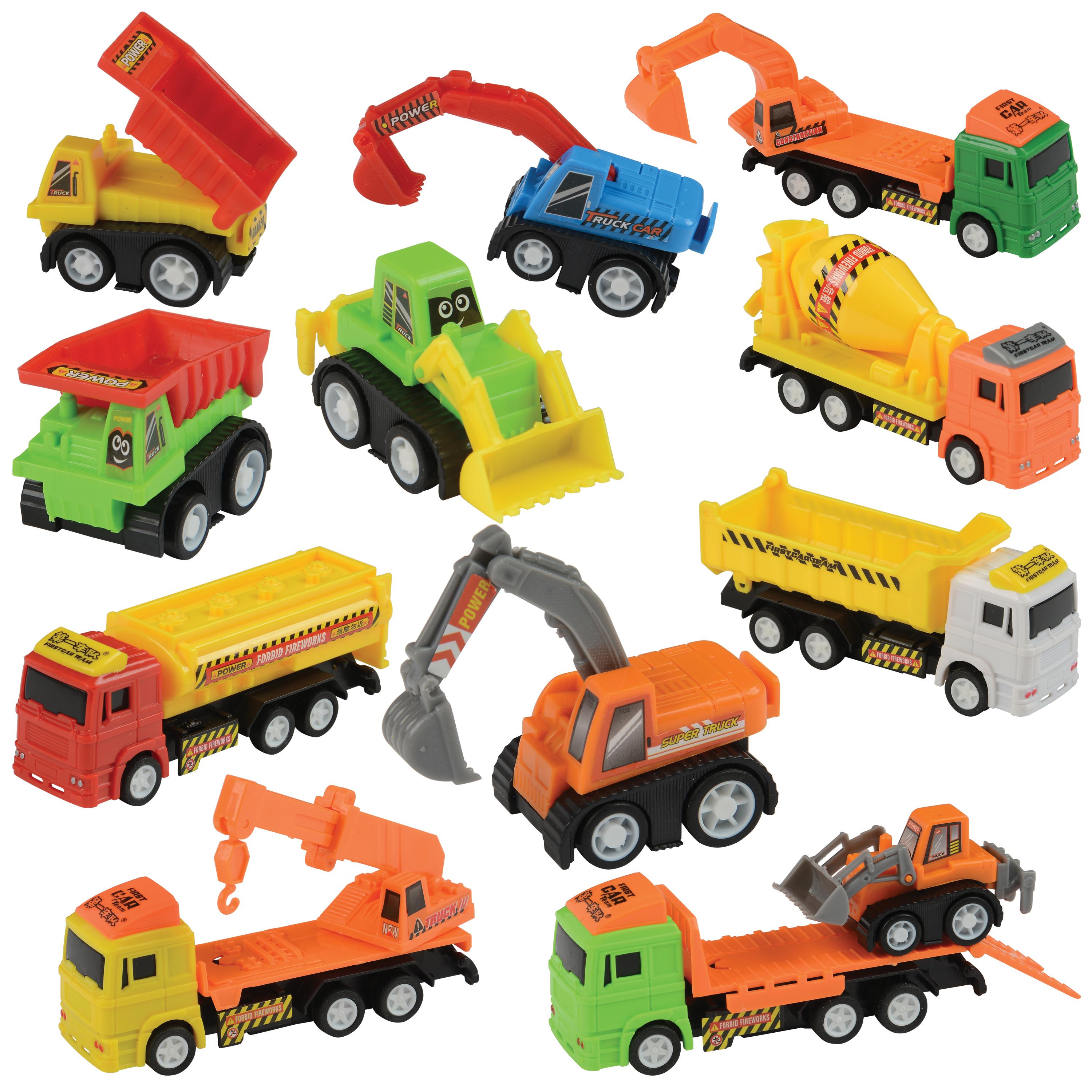 Set of colorful toy construction vehicles on a white background