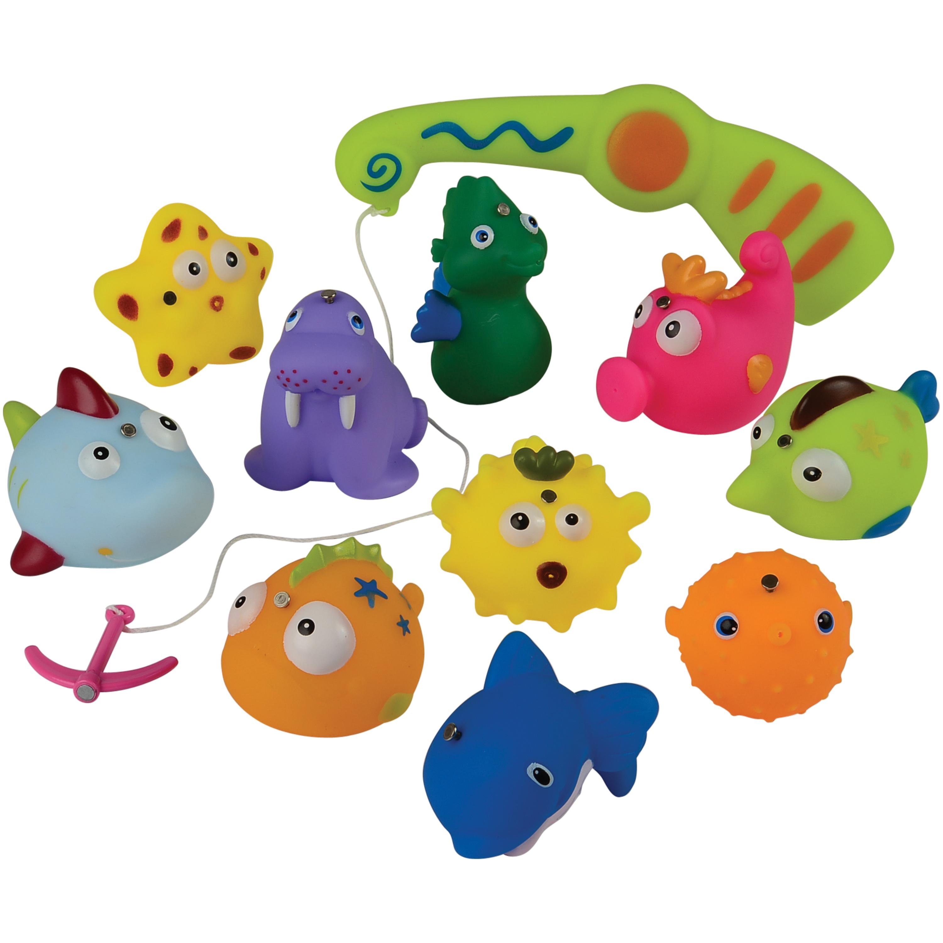 Colorful fishing toy with various sea creature figures on a white background