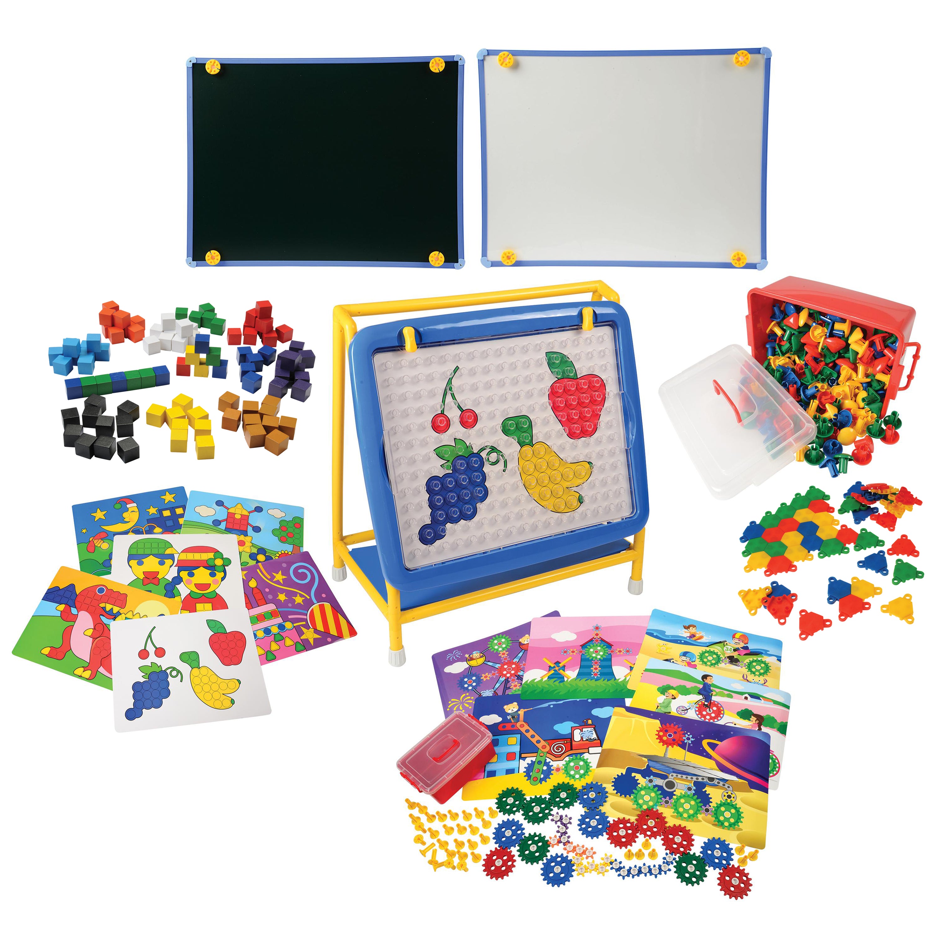 Educational toy set with magnetic boards, shapes, and cards on a white background