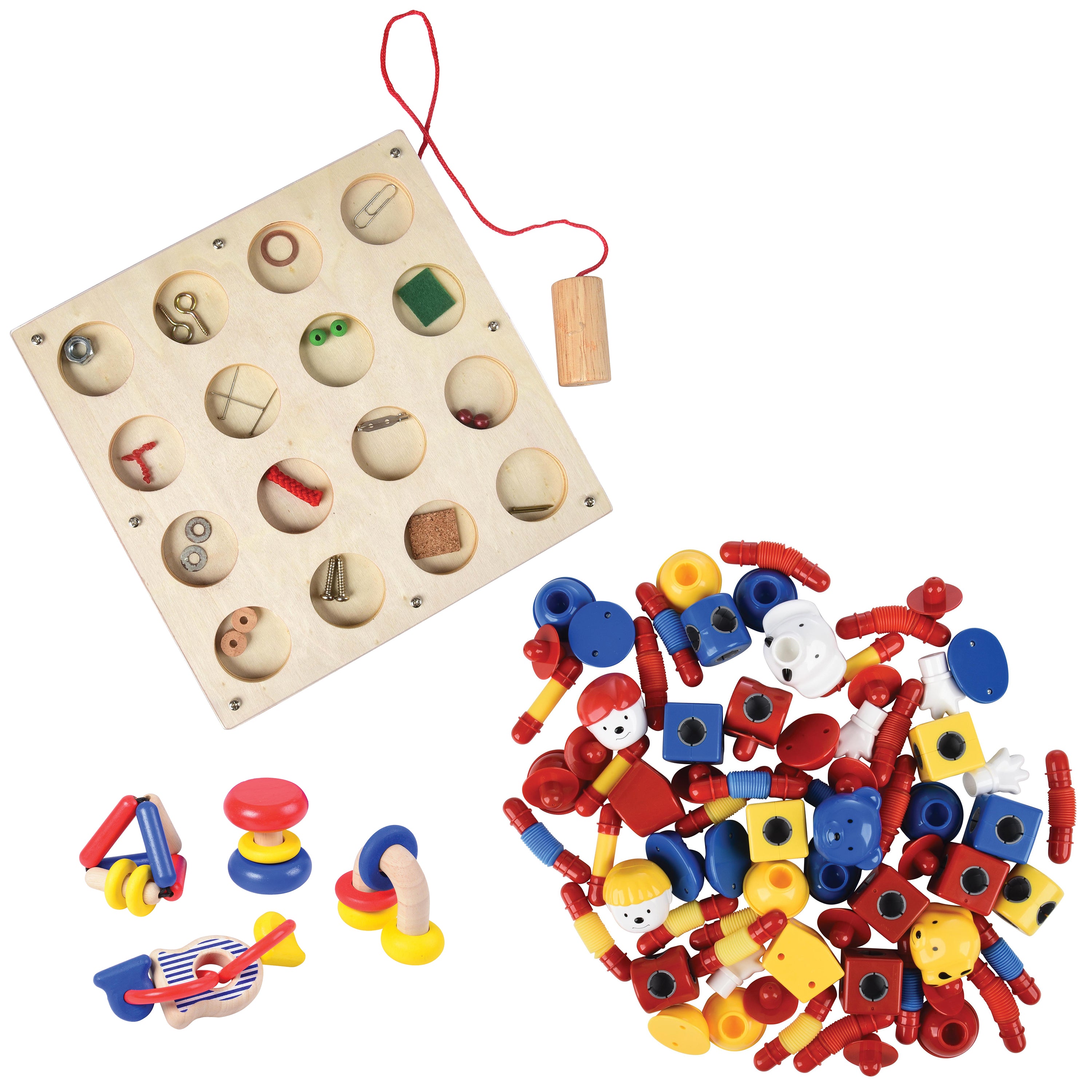 Wooden puzzle with various shaped pieces and a string for hanging on a white background