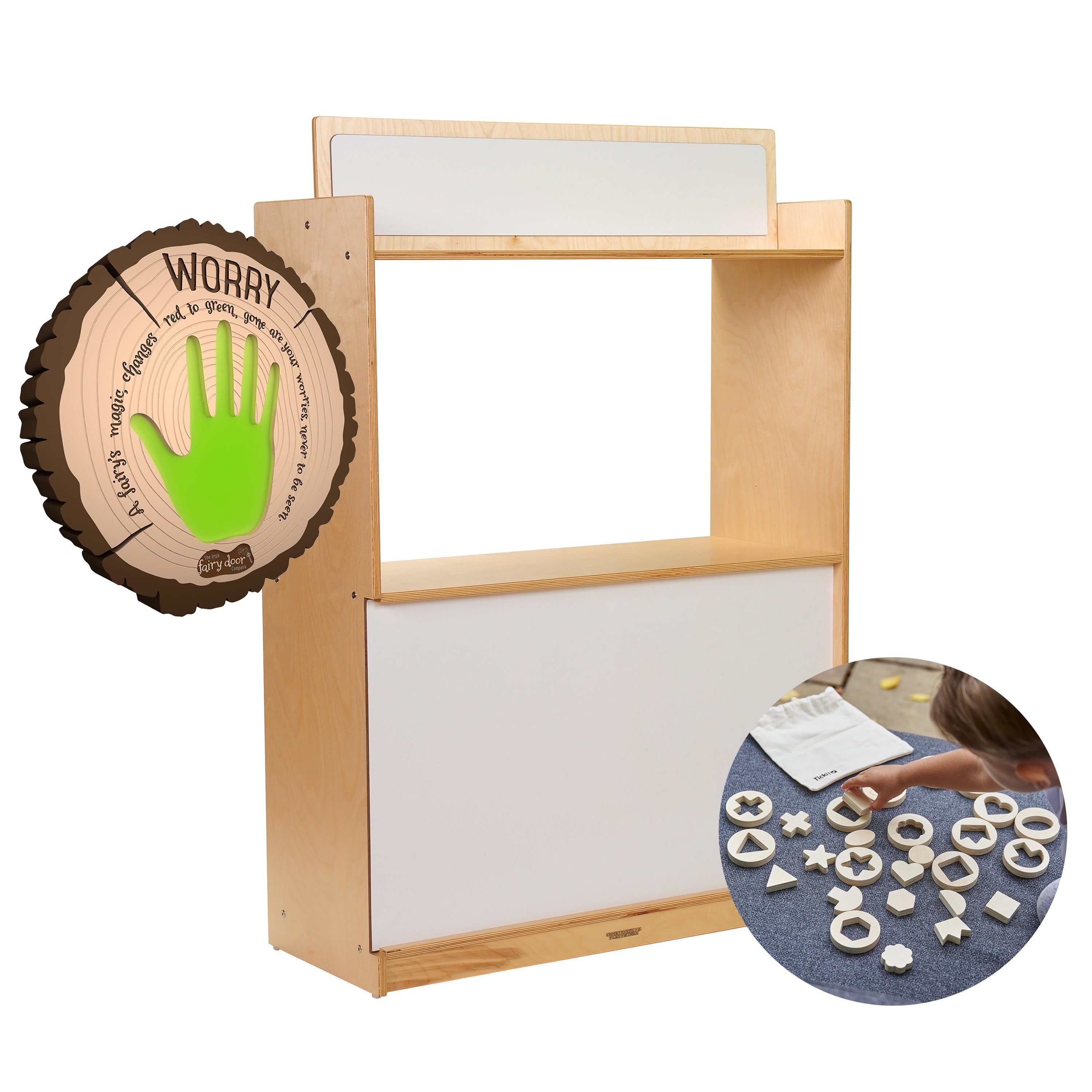 Children's wooden activity center with write-n-wipe board, featuring a handprint and shapes inset.