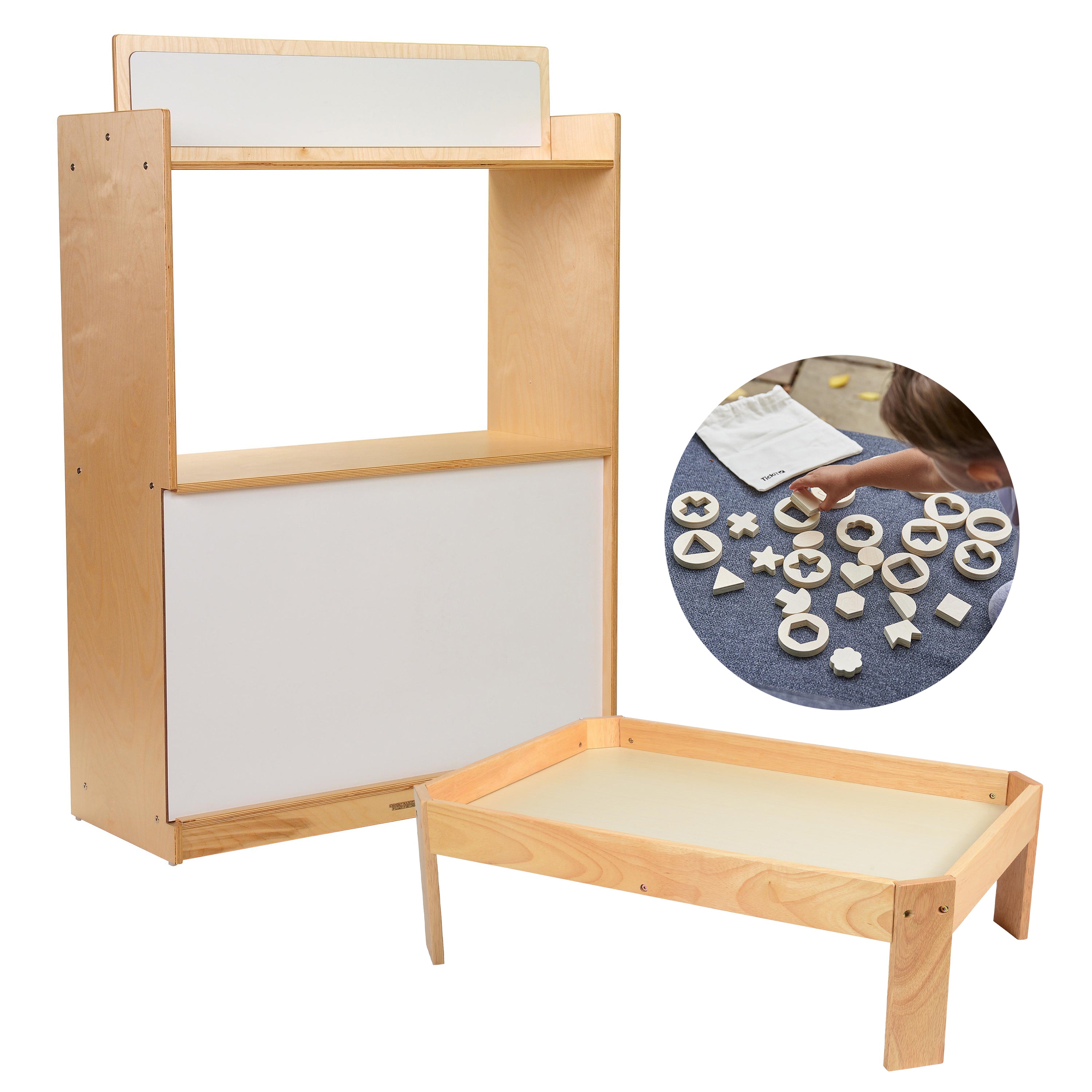 Wooden educational shelf with whiteboard and sand tray, inset showing hands sorting toys.