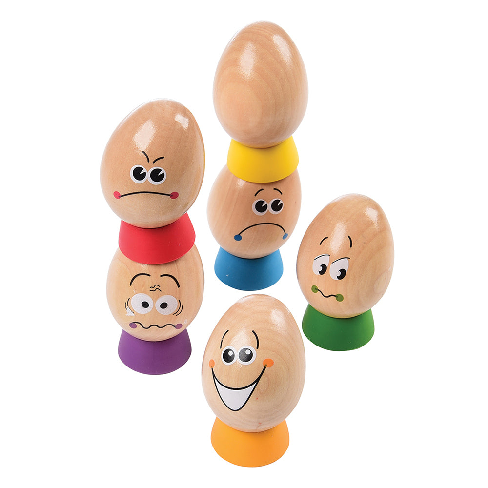 Set of 6 Wooden Eggs with Differing Facial Expressions