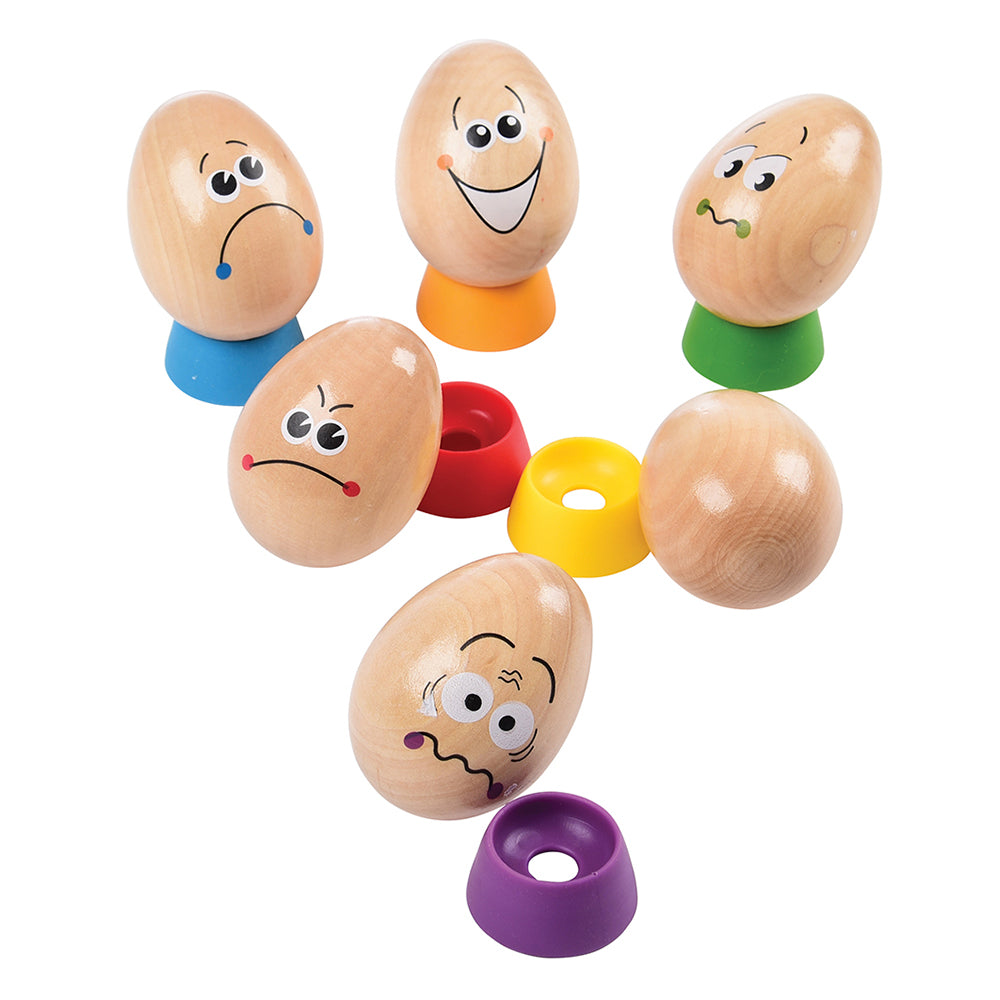 Set of 6 Wooden Eggs with Differing Facial Expressions