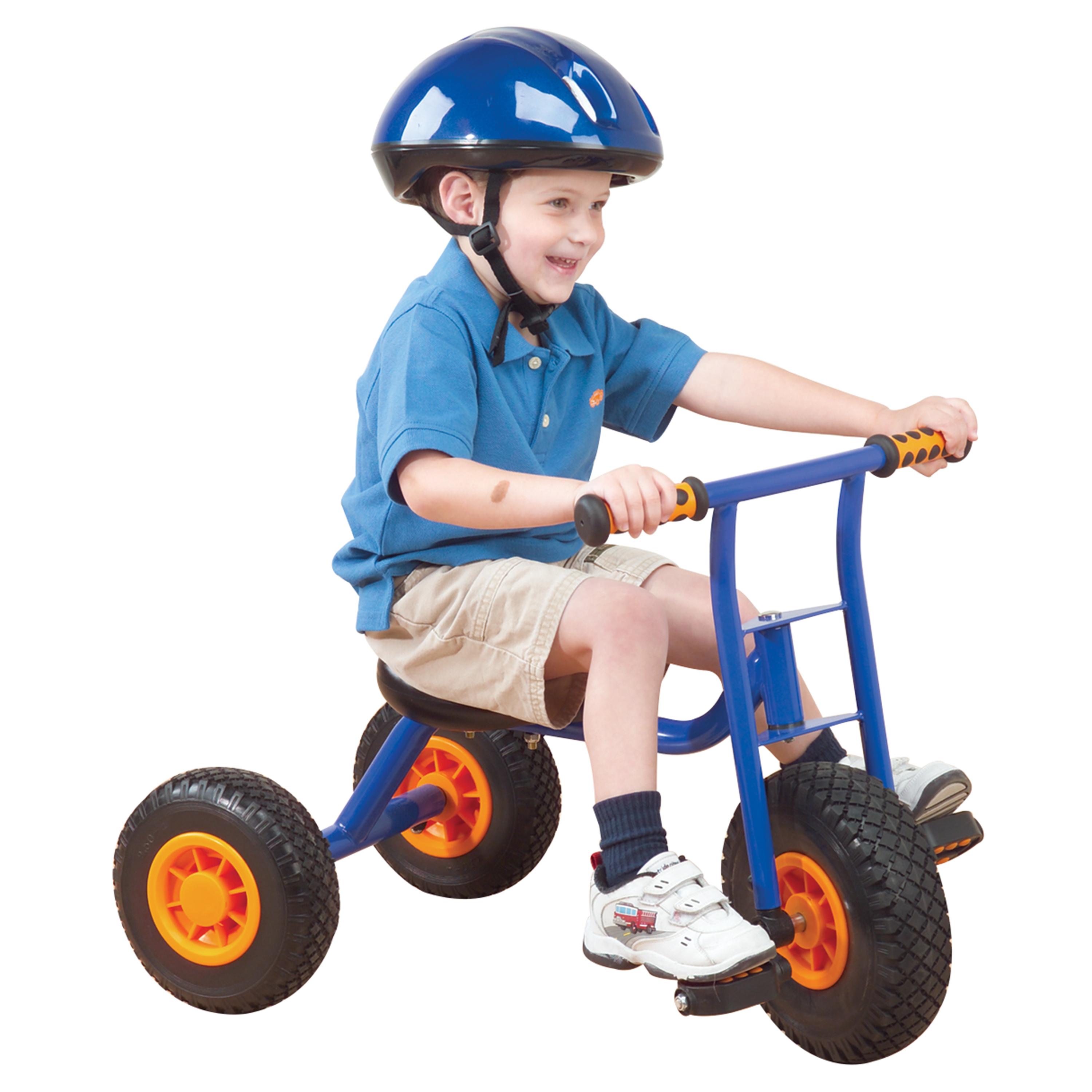 Child riding a blue tricycle with orange wheels on a white background